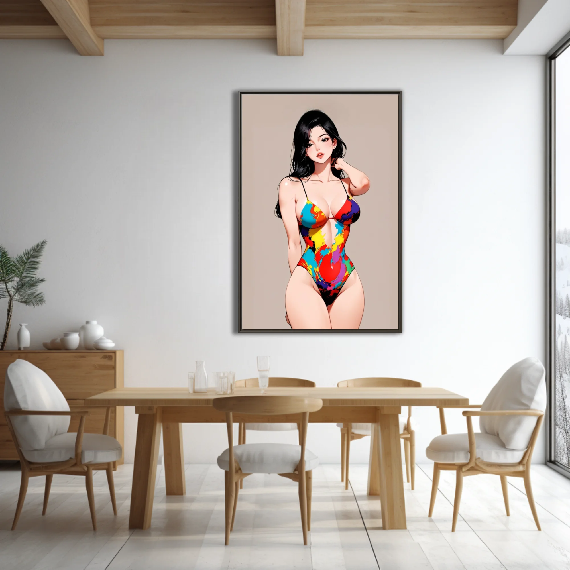Stylized figure illustration in colorful paint-splash swimsuit, bold graphic tones
