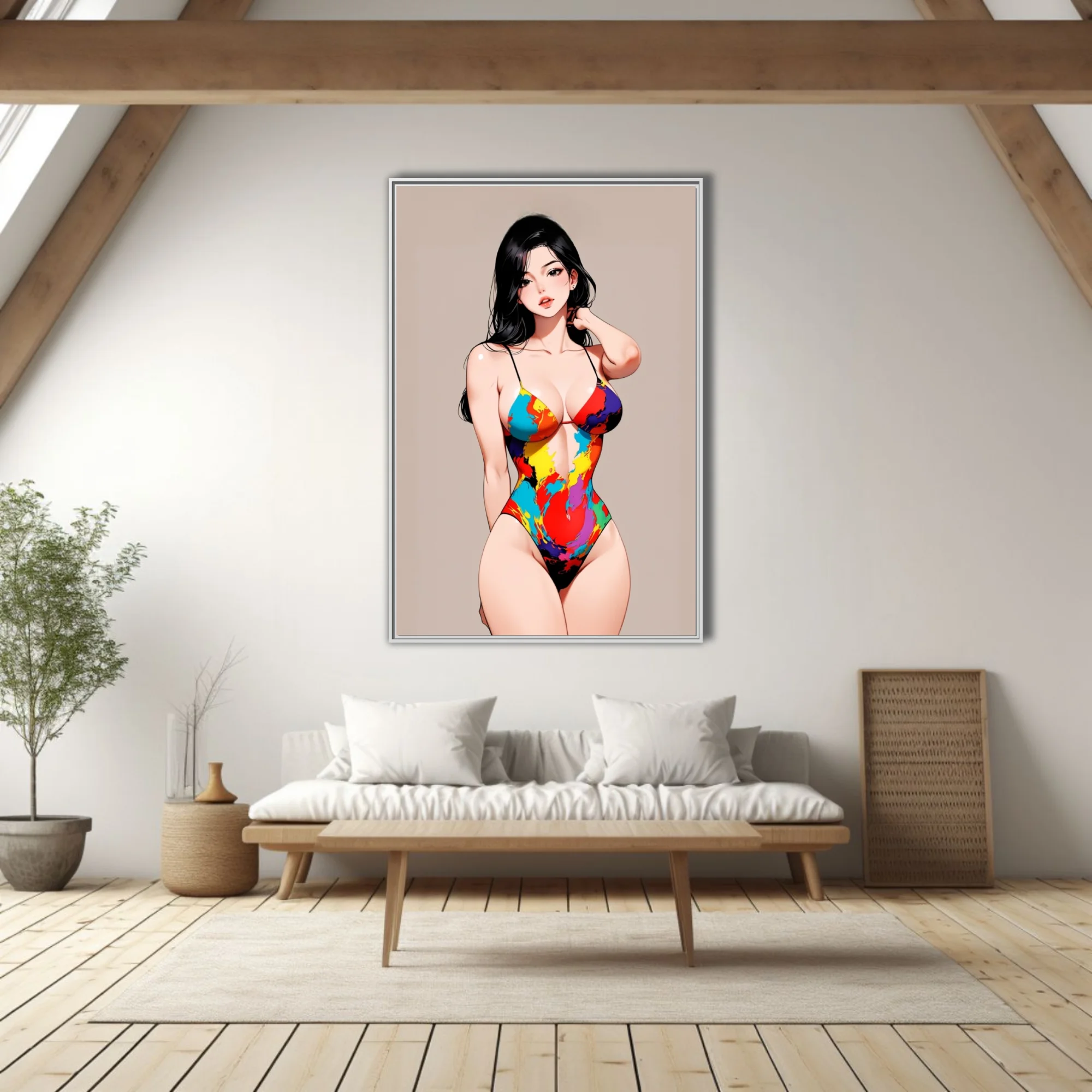 Stylized figure illustration in colorful paint-splash swimsuit, bold graphic tones