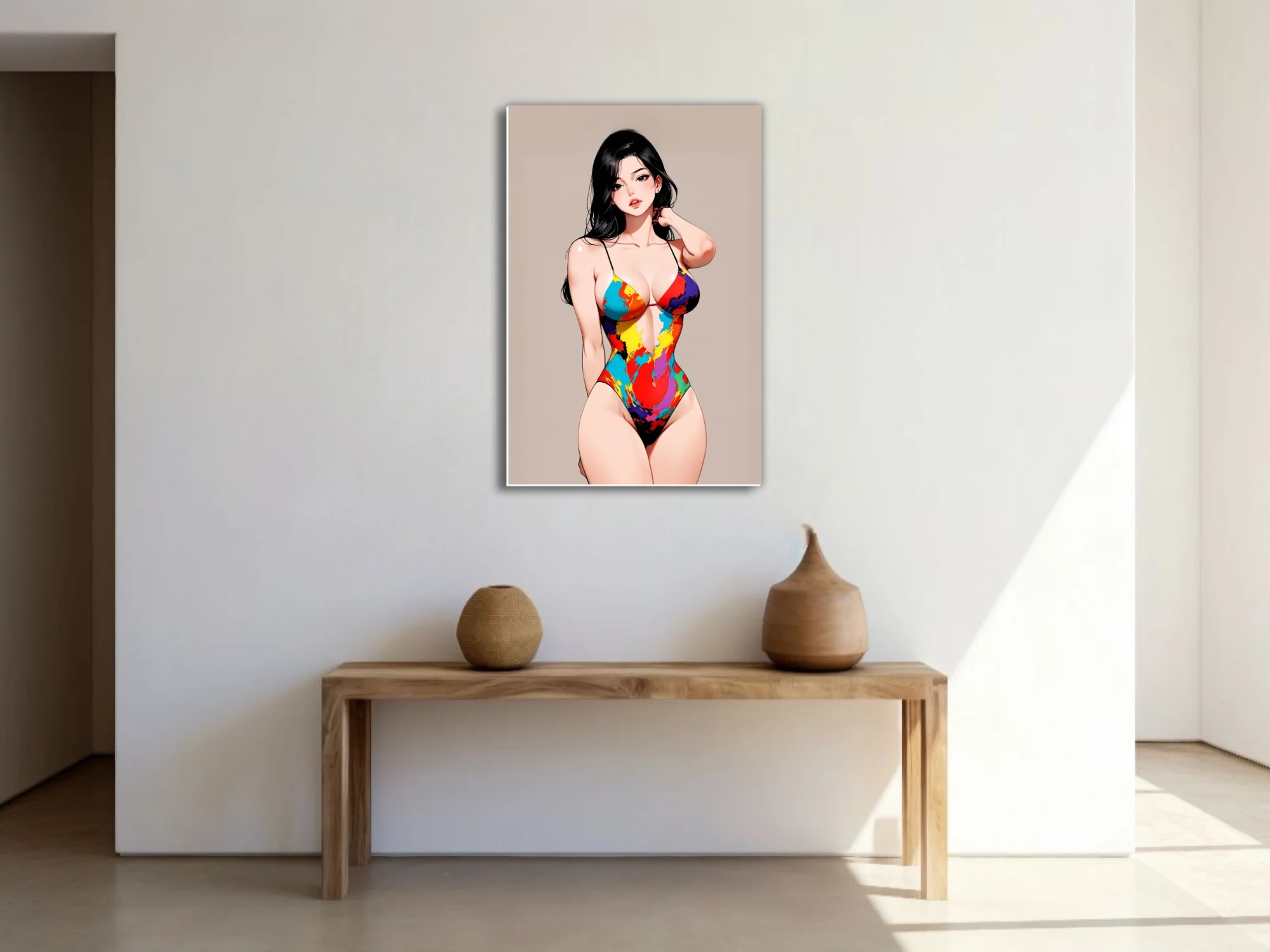 Stylized figure illustration in colorful paint-splash swimsuit, bold graphic tones