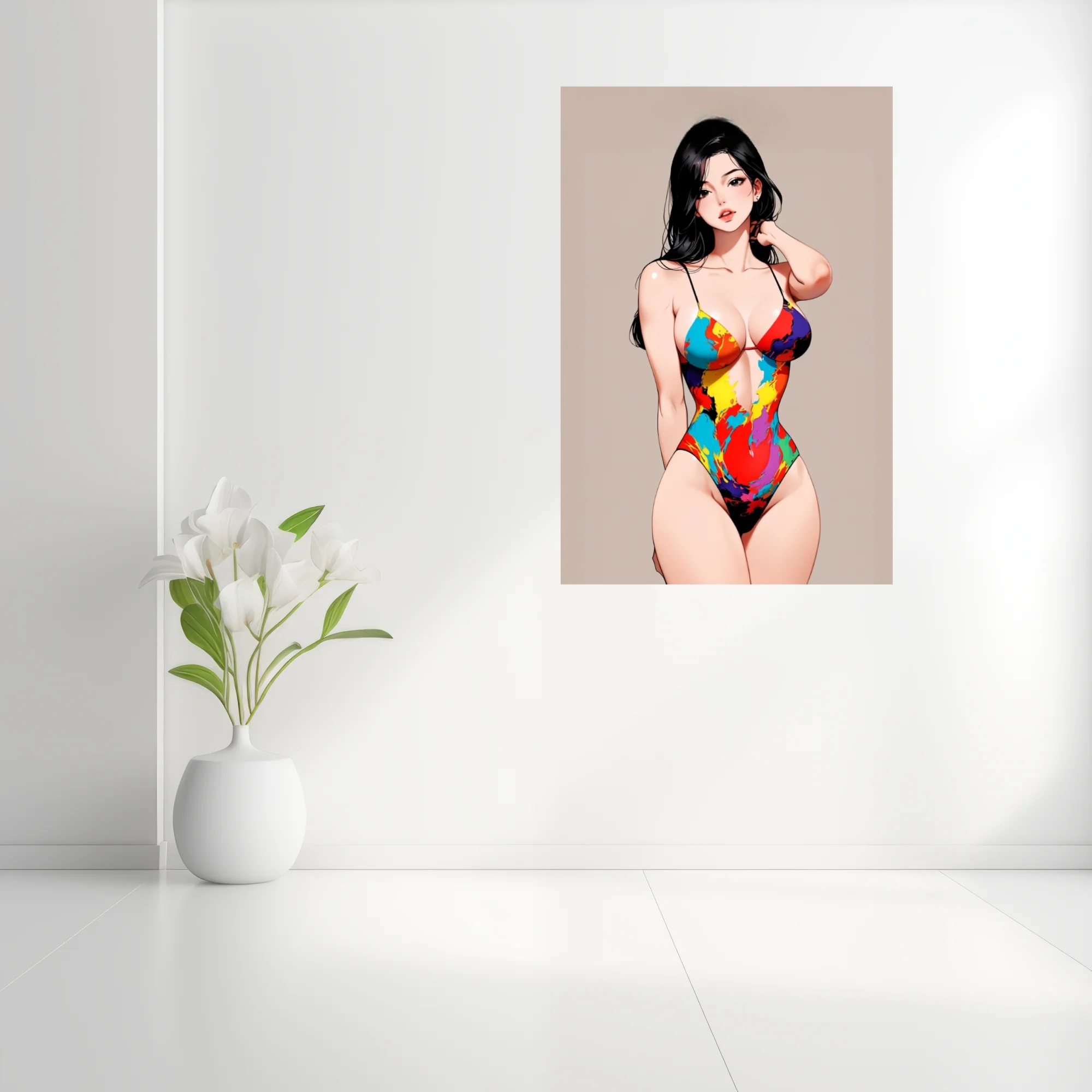 Stylized figure illustration in colorful paint-splash swimsuit, bold graphic tones