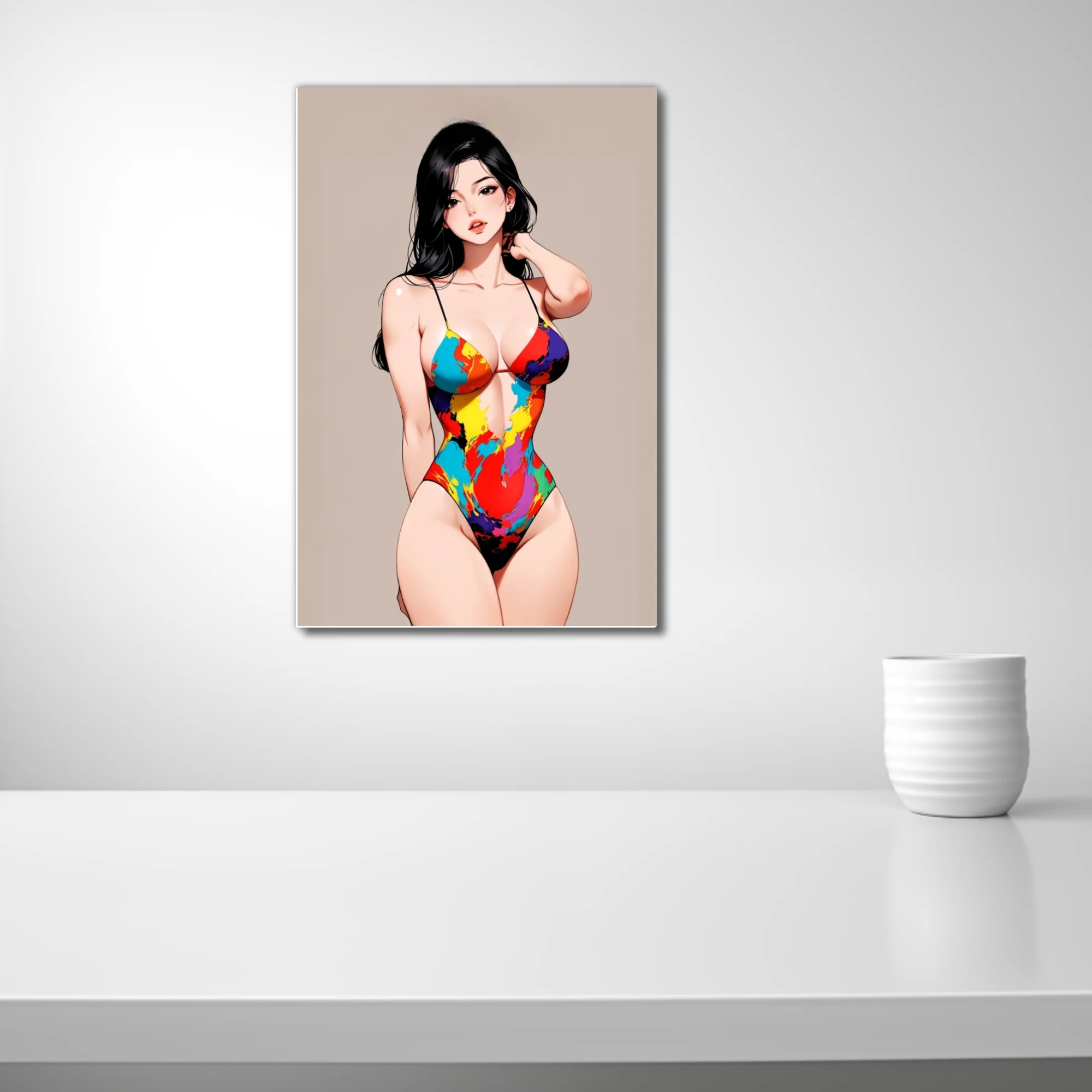 Stylized figure illustration in colorful paint-splash swimsuit, bold graphic tones