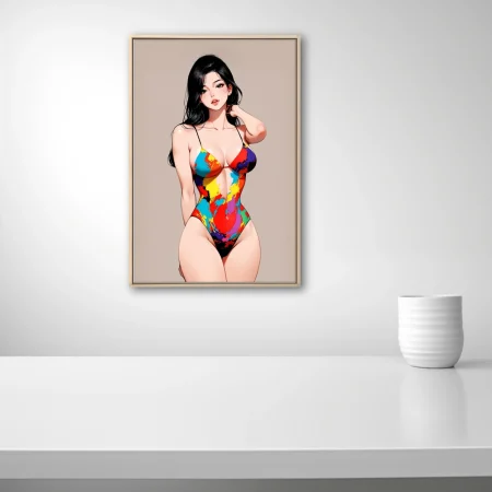 Stylized figure illustration in colorful paint-splash swimsuit, bold graphic tones