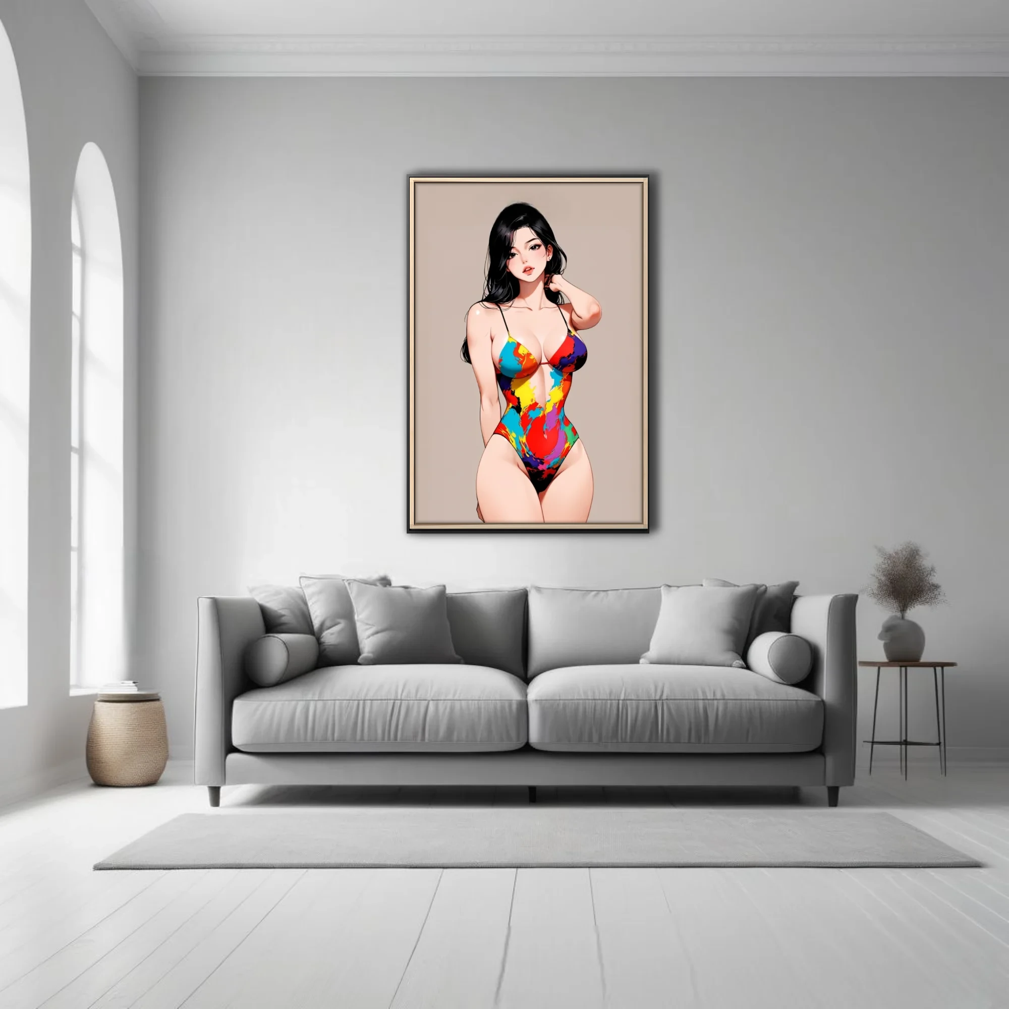 Stylized figure illustration in colorful paint-splash swimsuit, bold graphic tones