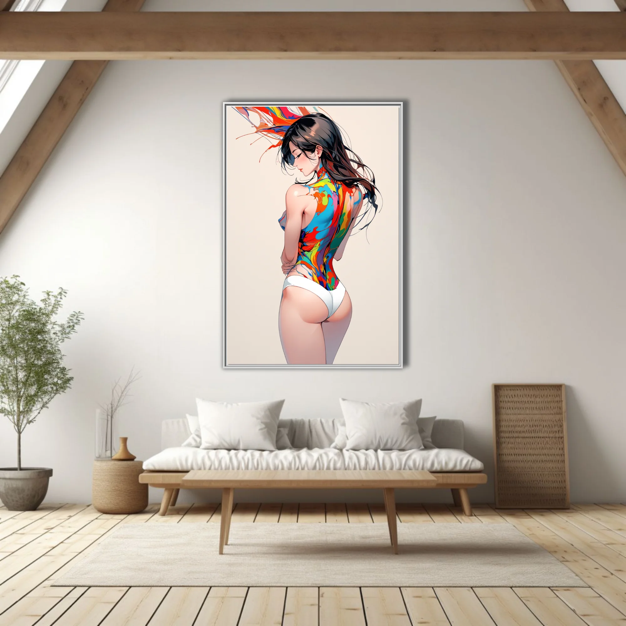 Stylized figure study with colorful paint-splash body art, bold palette on white background
