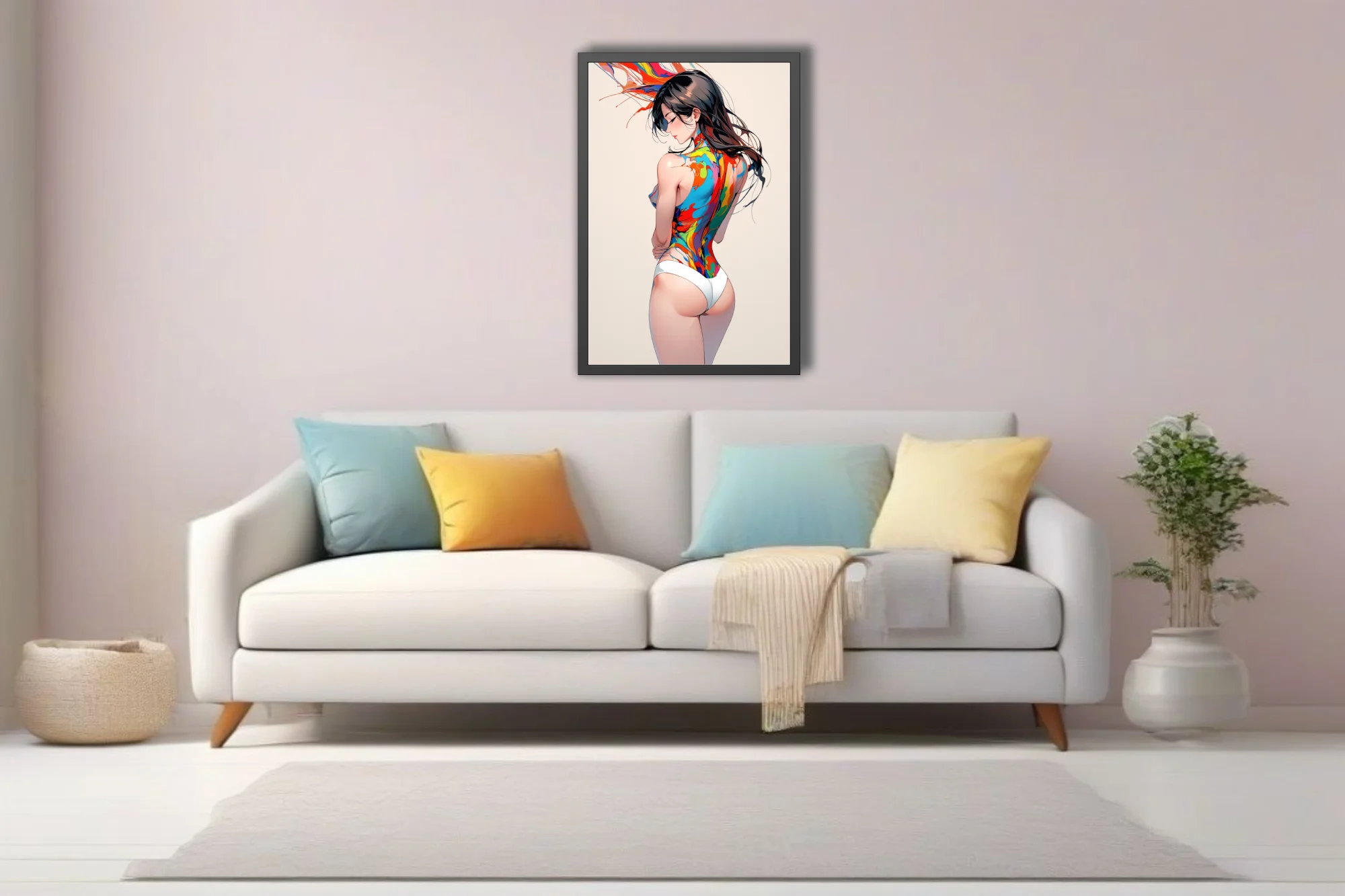 Stylized figure study with colorful paint-splash body art, bold palette on white background