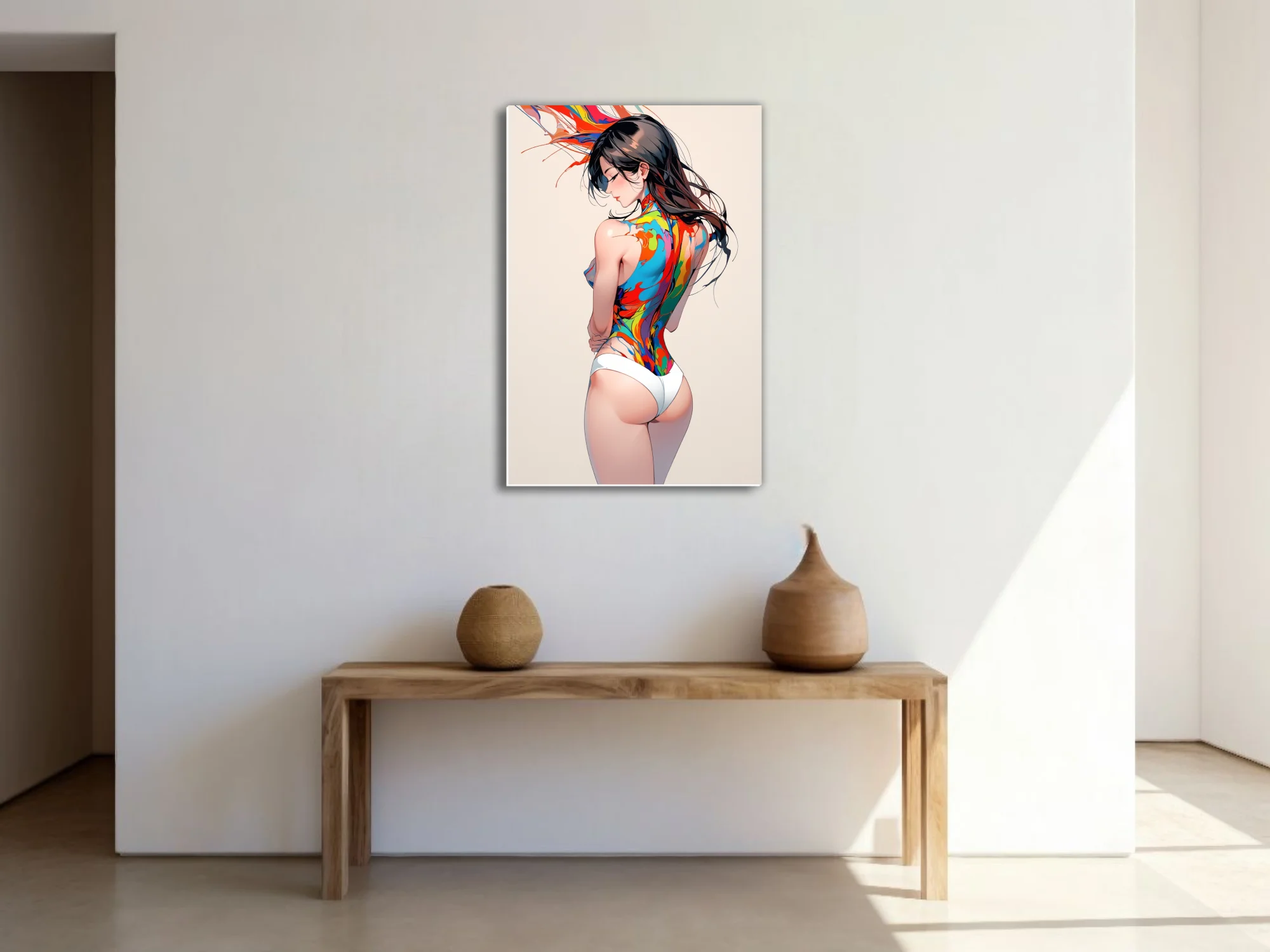 Stylized figure study with colorful paint-splash body art, bold palette on white background