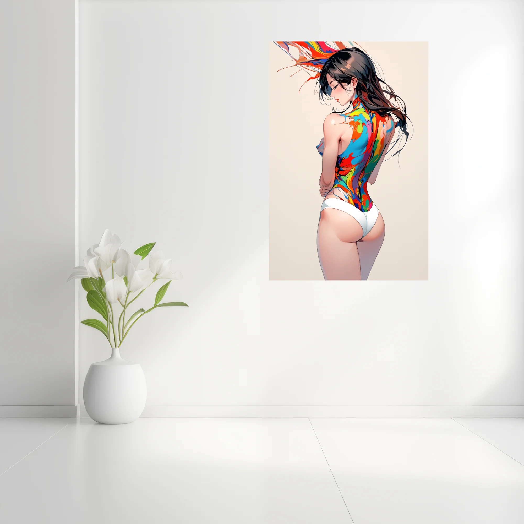 Stylized figure study with colorful paint-splash body art, bold palette on white background