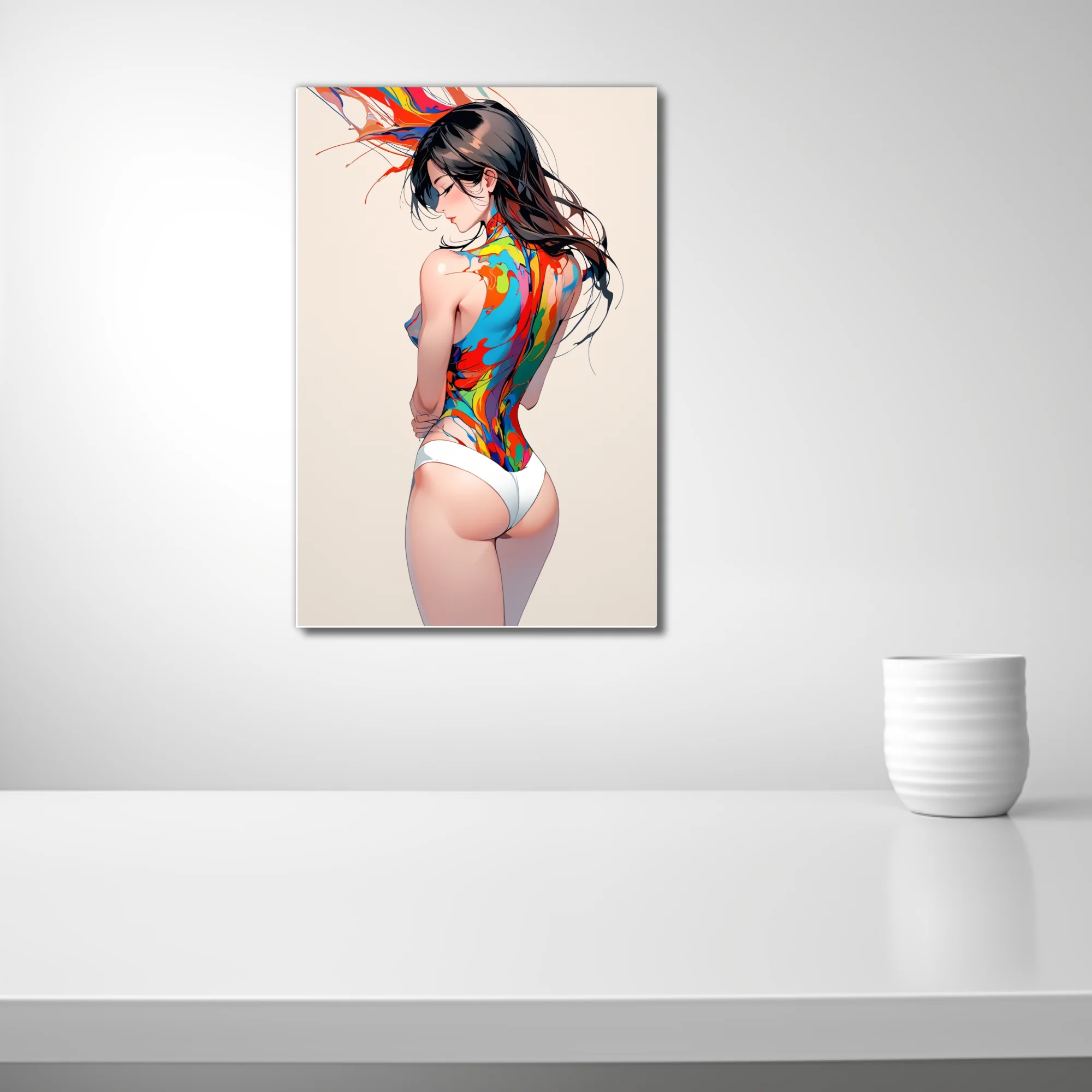 Stylized figure study with colorful paint-splash body art, bold palette on white background