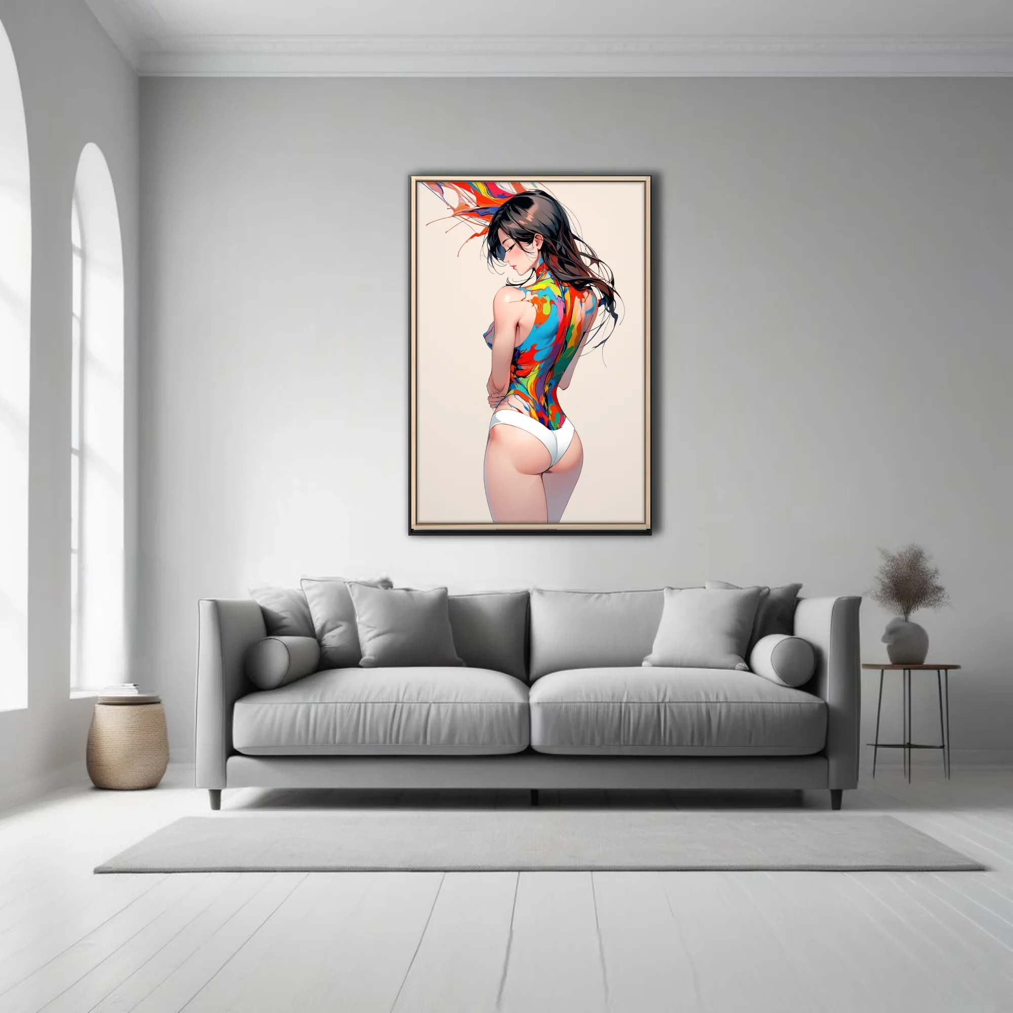 Stylized figure study with colorful paint-splash body art, bold palette on white background