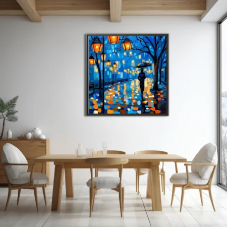 Rainy night street scene with umbrella figure and glowing lanterns in cobalt blue and amber art