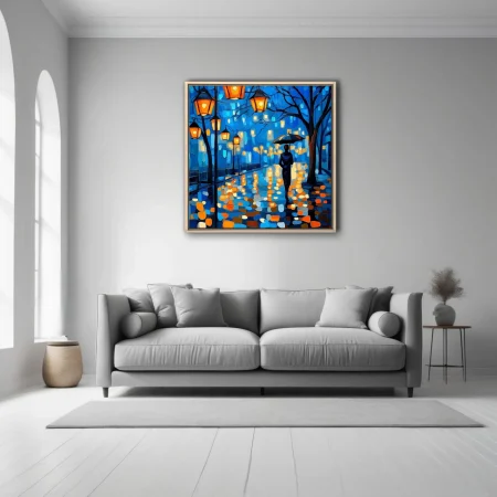 Rainy night street scene with umbrella figure and glowing lanterns in cobalt blue and amber art