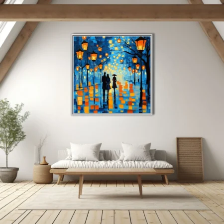 Rainy night promenade with glowing lanterns, blue and amber tones, figures walking