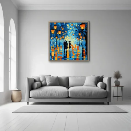 Rainy night promenade with glowing lanterns, blue and amber tones, figures walking