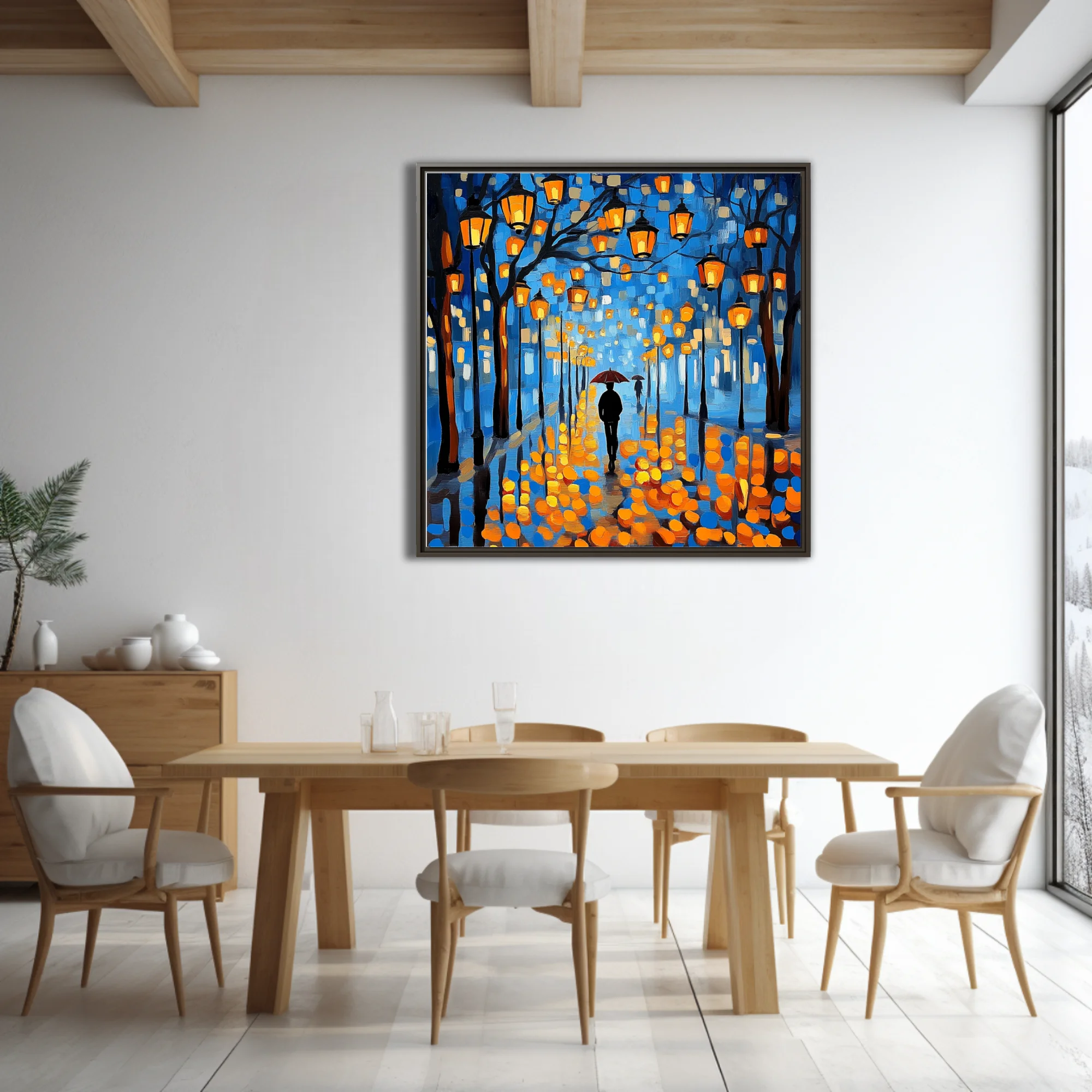 Painterly rainy night street scene with glowing lanterns, umbrella figure, cobalt and amber palette