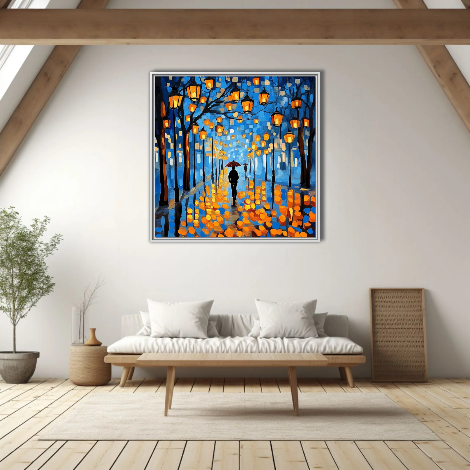 Painterly rainy night street scene with glowing lanterns, umbrella figure, cobalt and amber palette