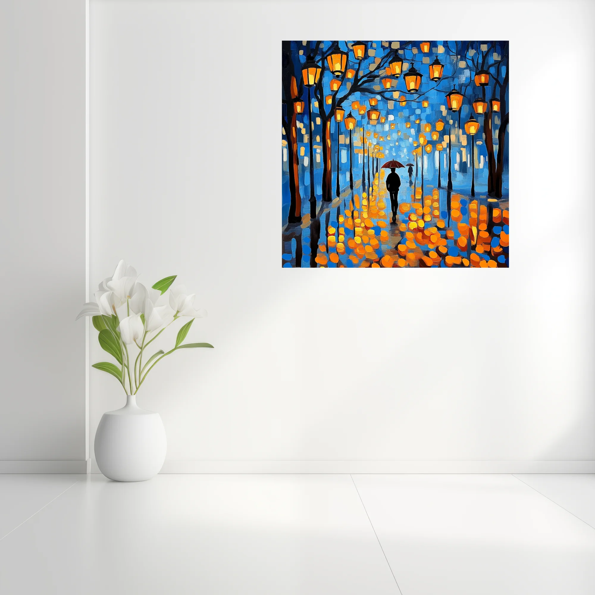 Painterly rainy night street scene with glowing lanterns, umbrella figure, cobalt and amber palette