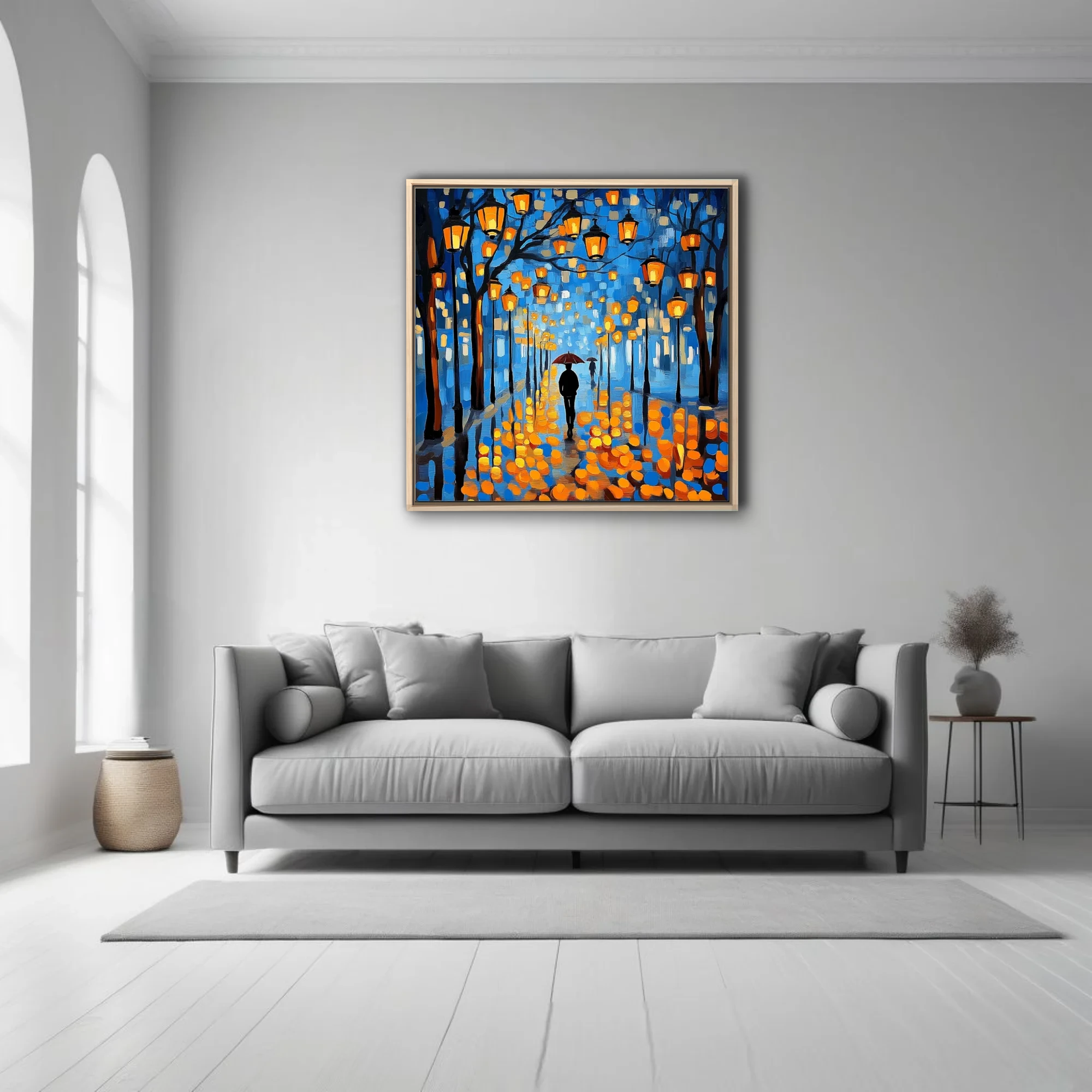 Painterly rainy night street scene with glowing lanterns, umbrella figure, cobalt and amber palette