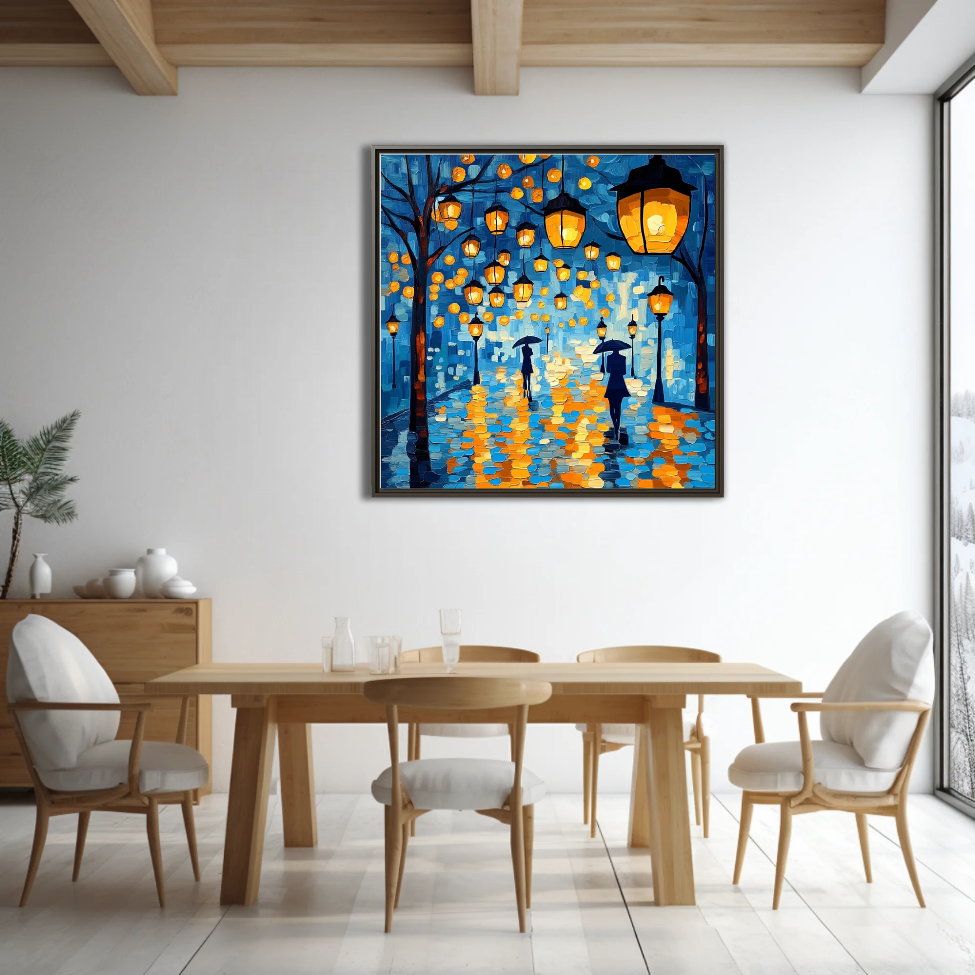 Rainy night street scene with glowing lanterns and umbrella figures, cobalt blue and amber art