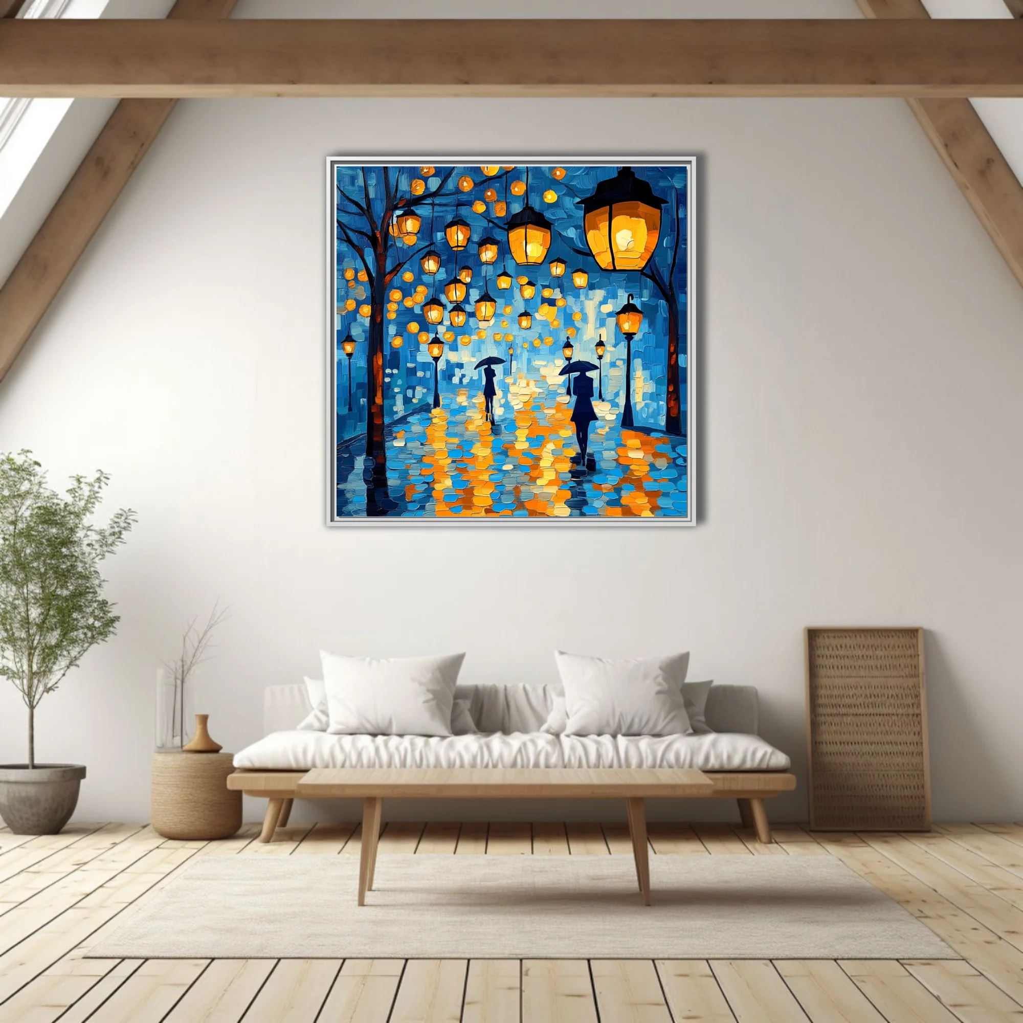 Rainy night street scene with glowing lanterns and umbrella figures, cobalt blue and amber art