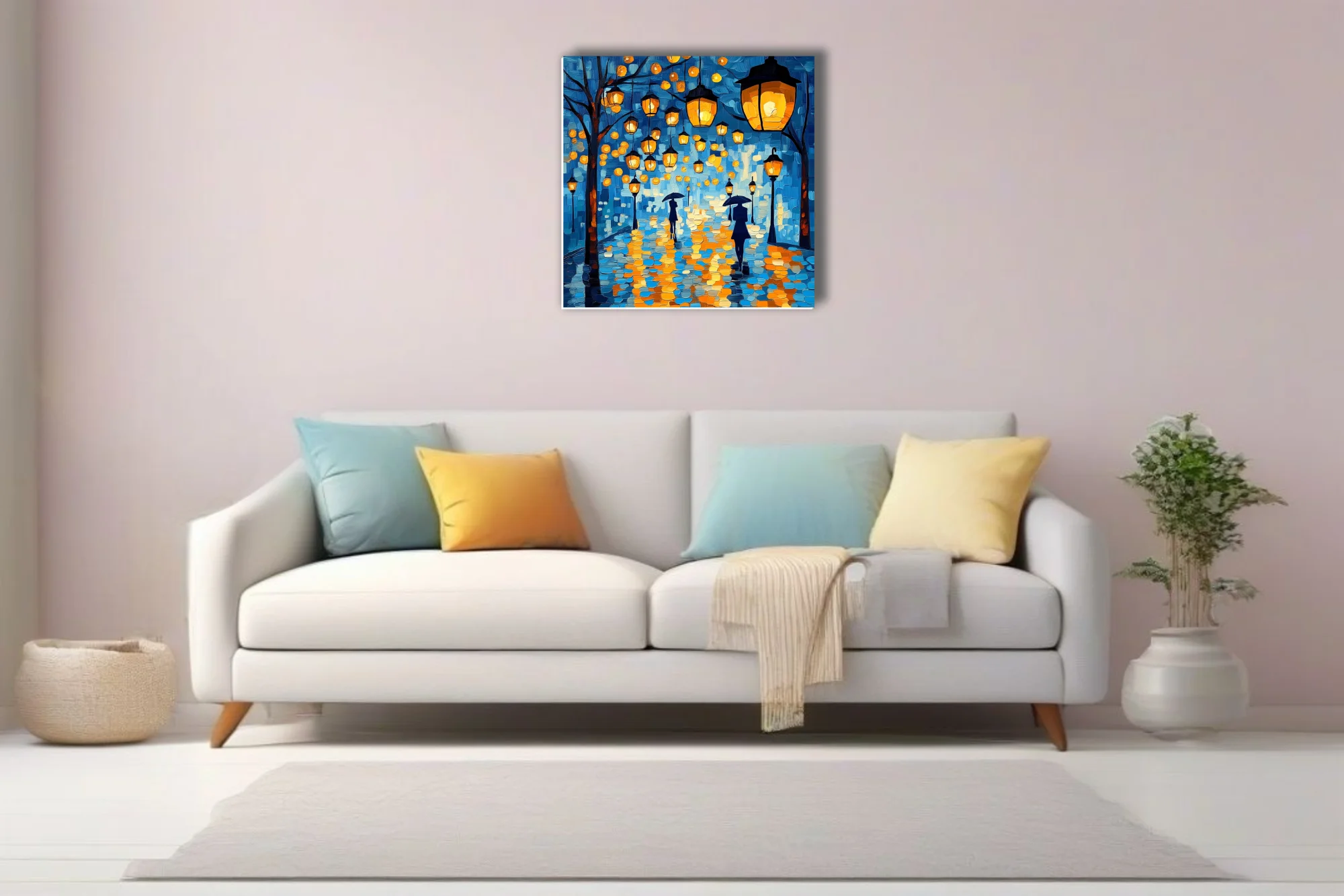 Rainy night street scene with glowing lanterns and umbrella figures, cobalt blue and amber art