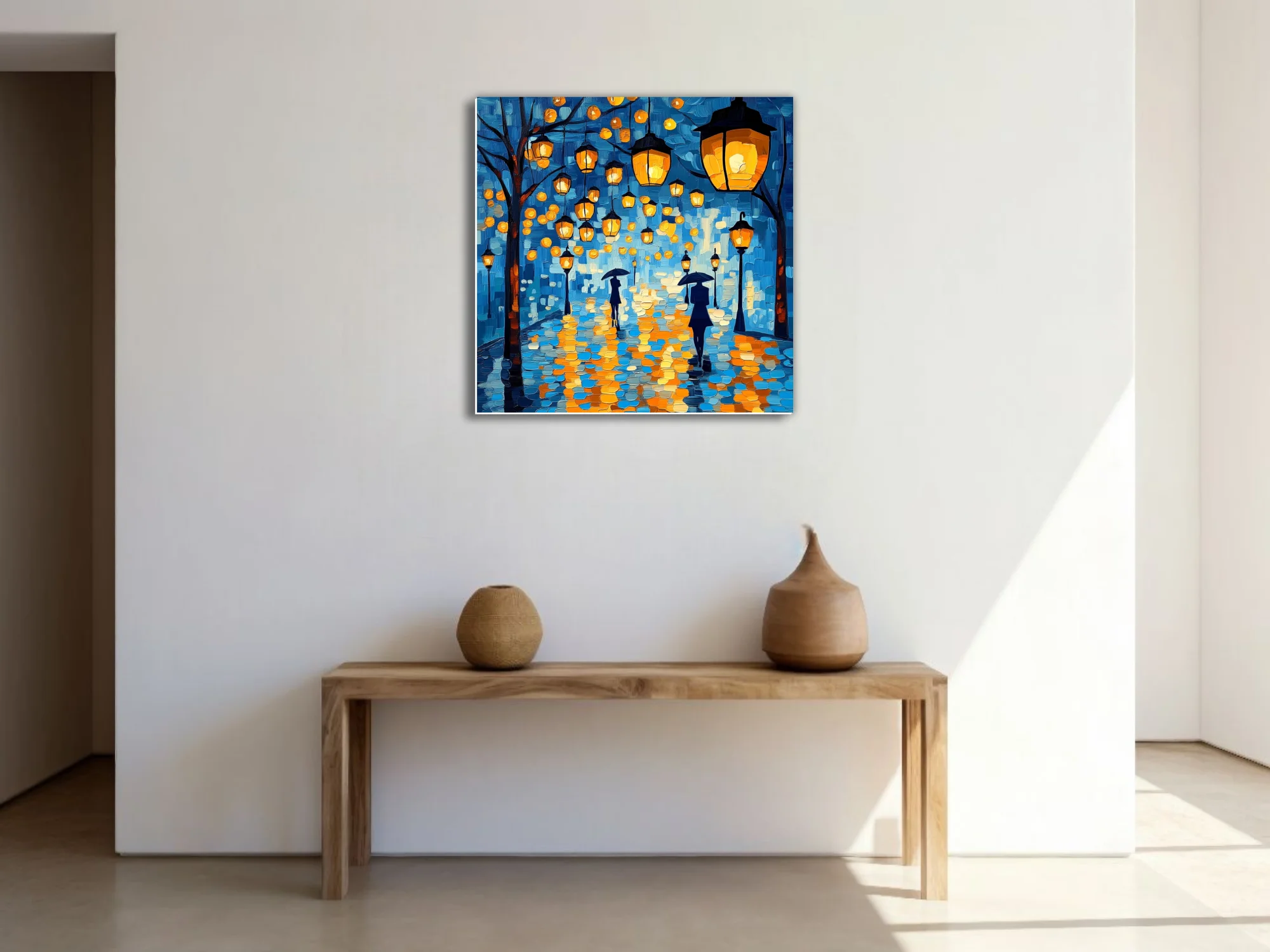Rainy night street scene with glowing lanterns and umbrella figures, cobalt blue and amber art