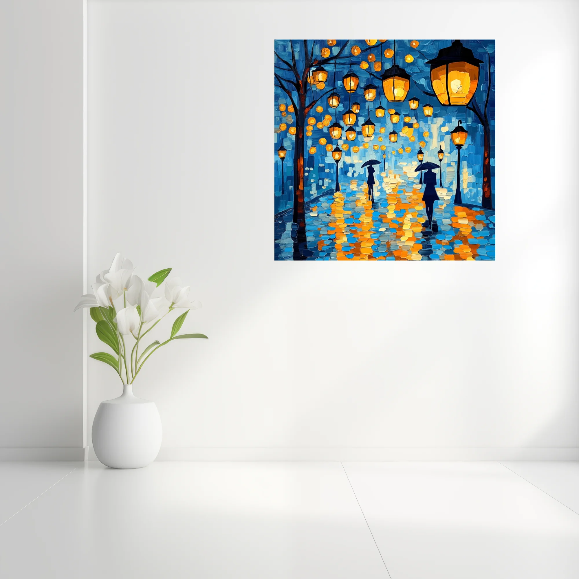 Rainy night street scene with glowing lanterns and umbrella figures, cobalt blue and amber art