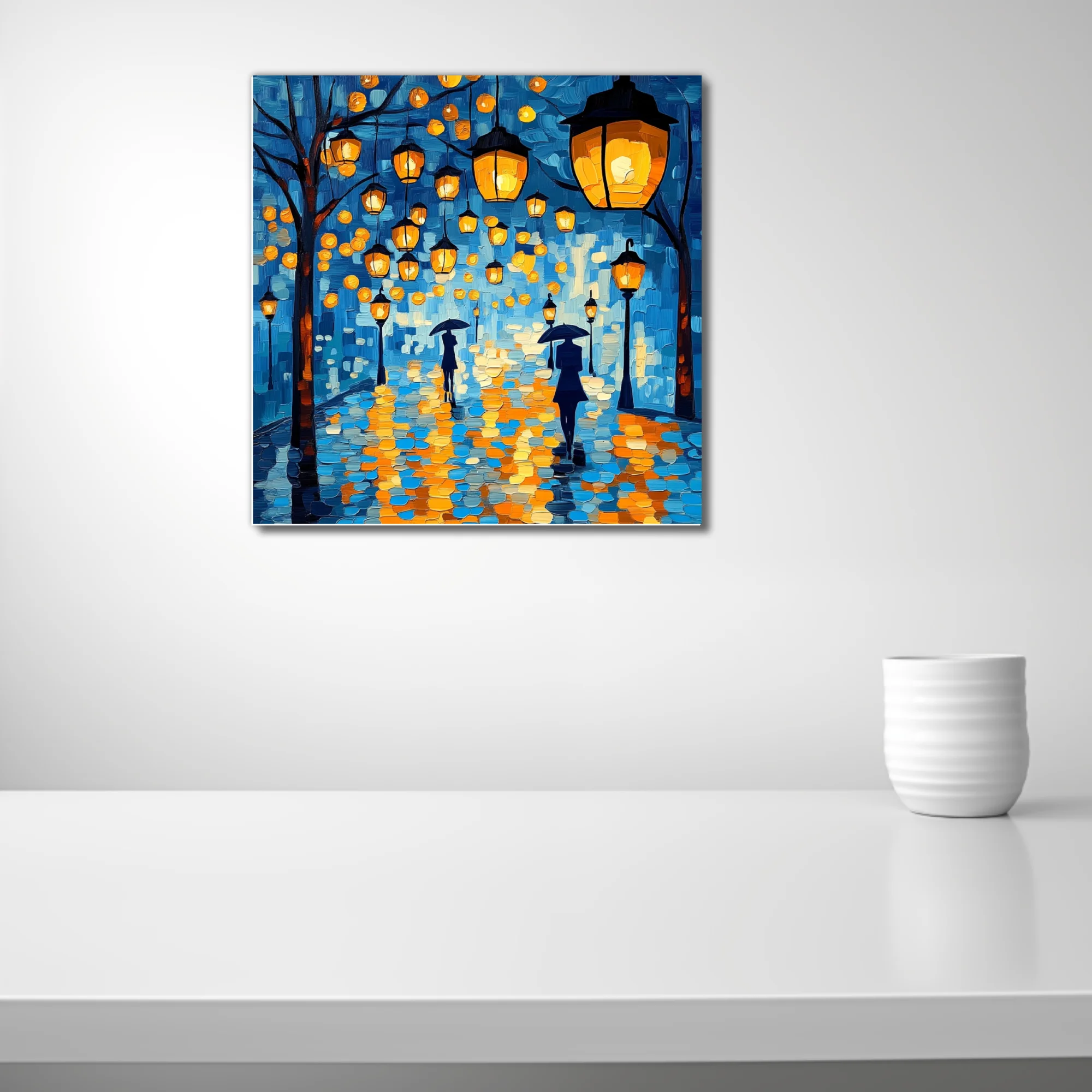Rainy night street scene with glowing lanterns and umbrella figures, cobalt blue and amber art