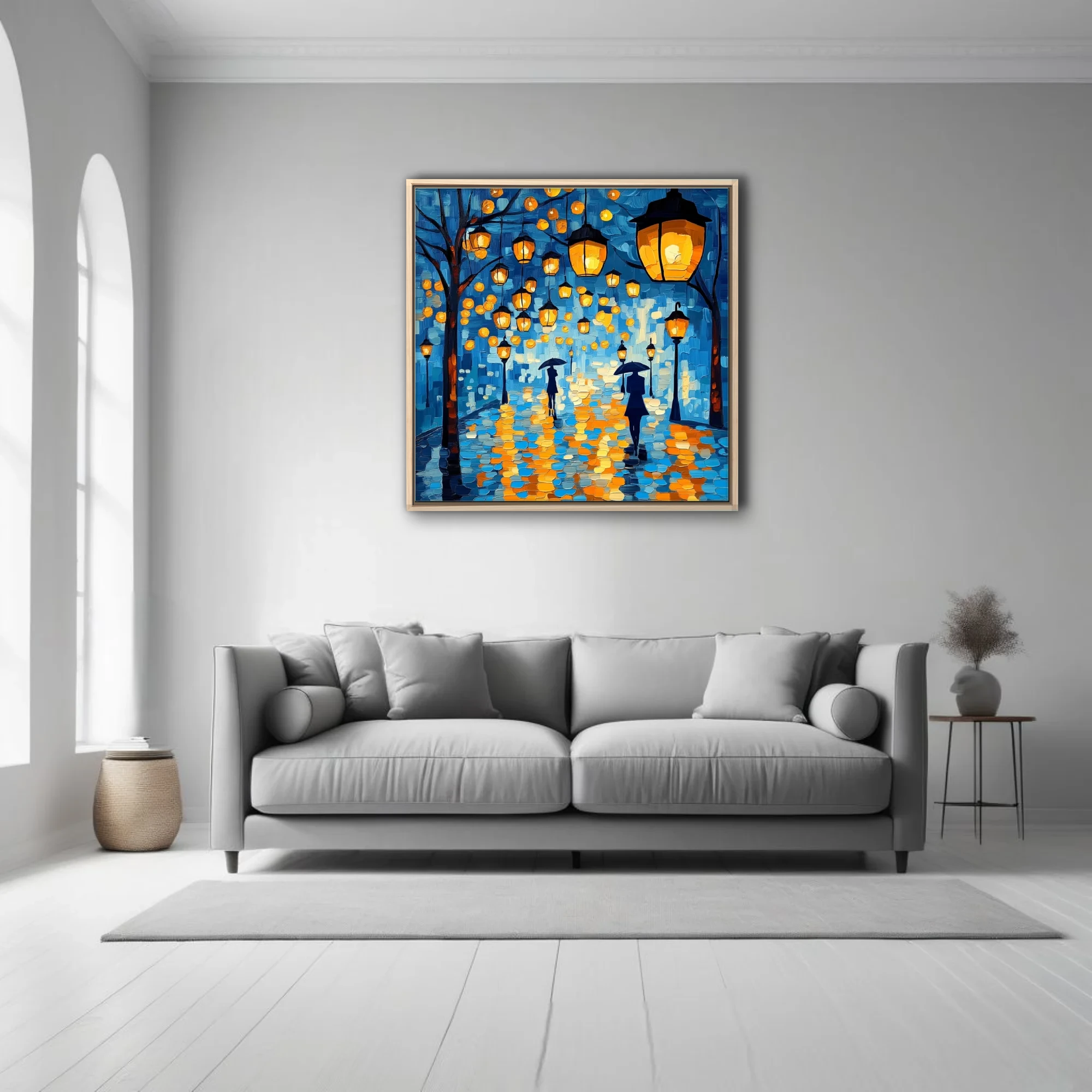 Rainy night street scene with glowing lanterns and umbrella figures, cobalt blue and amber art