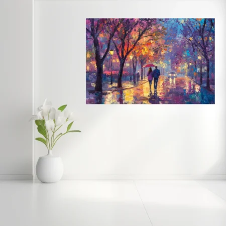 Colorful cityscape of a couple with umbrella on a rain-slick tree-lined boulevard