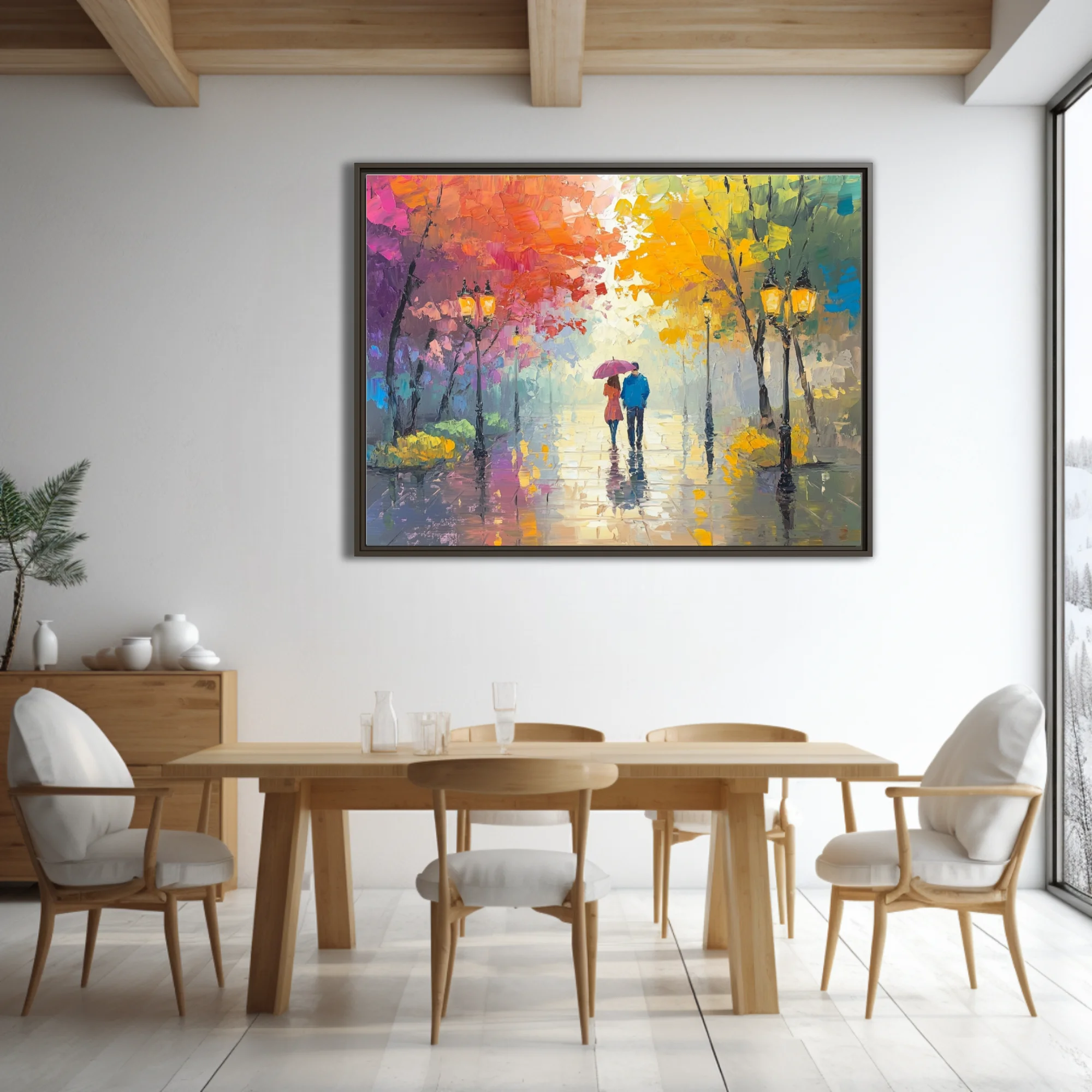 Park scene with couple under umbrella, vivid autumn trees and glowing lamps on rainy path