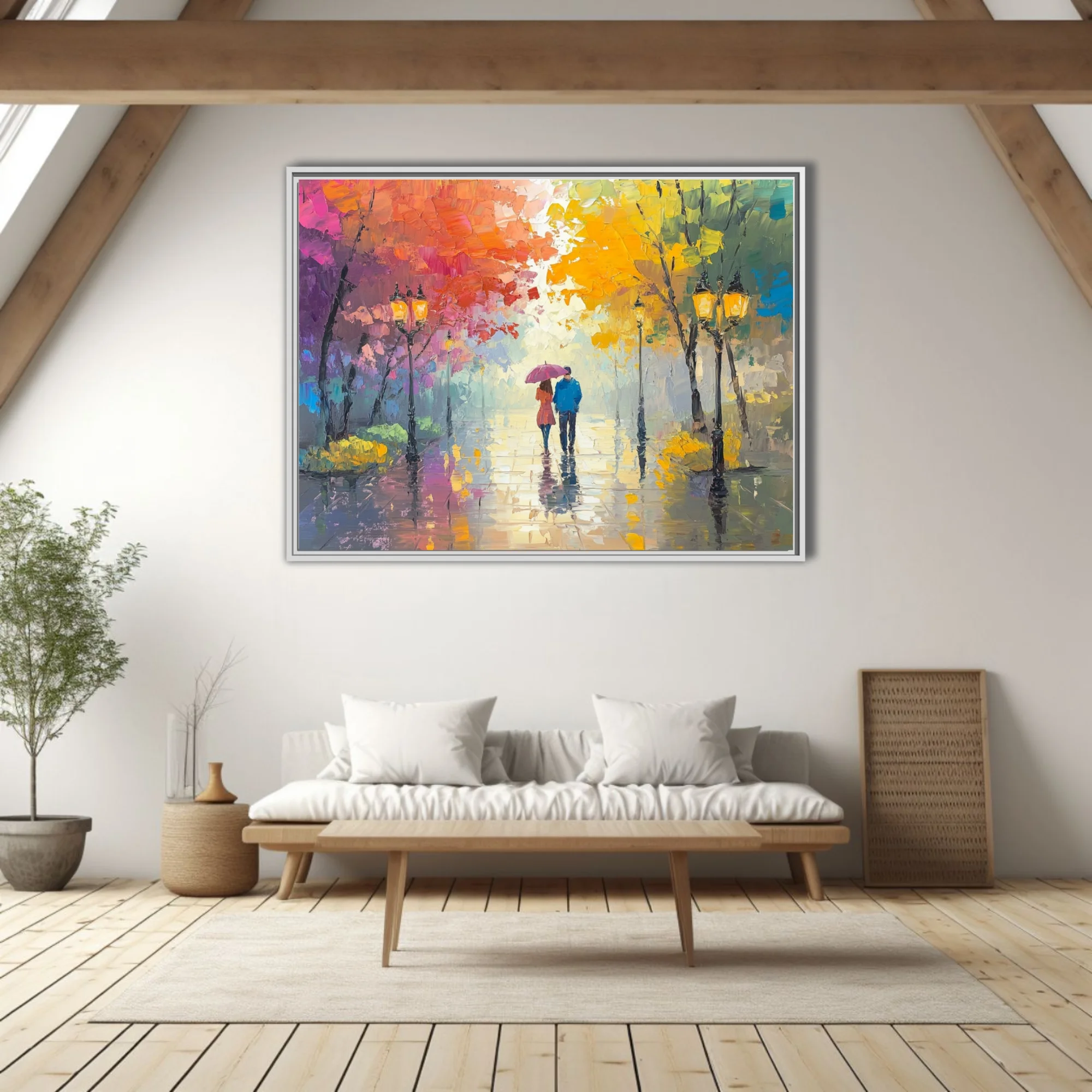 Park scene with couple under umbrella, vivid autumn trees and glowing lamps on rainy path