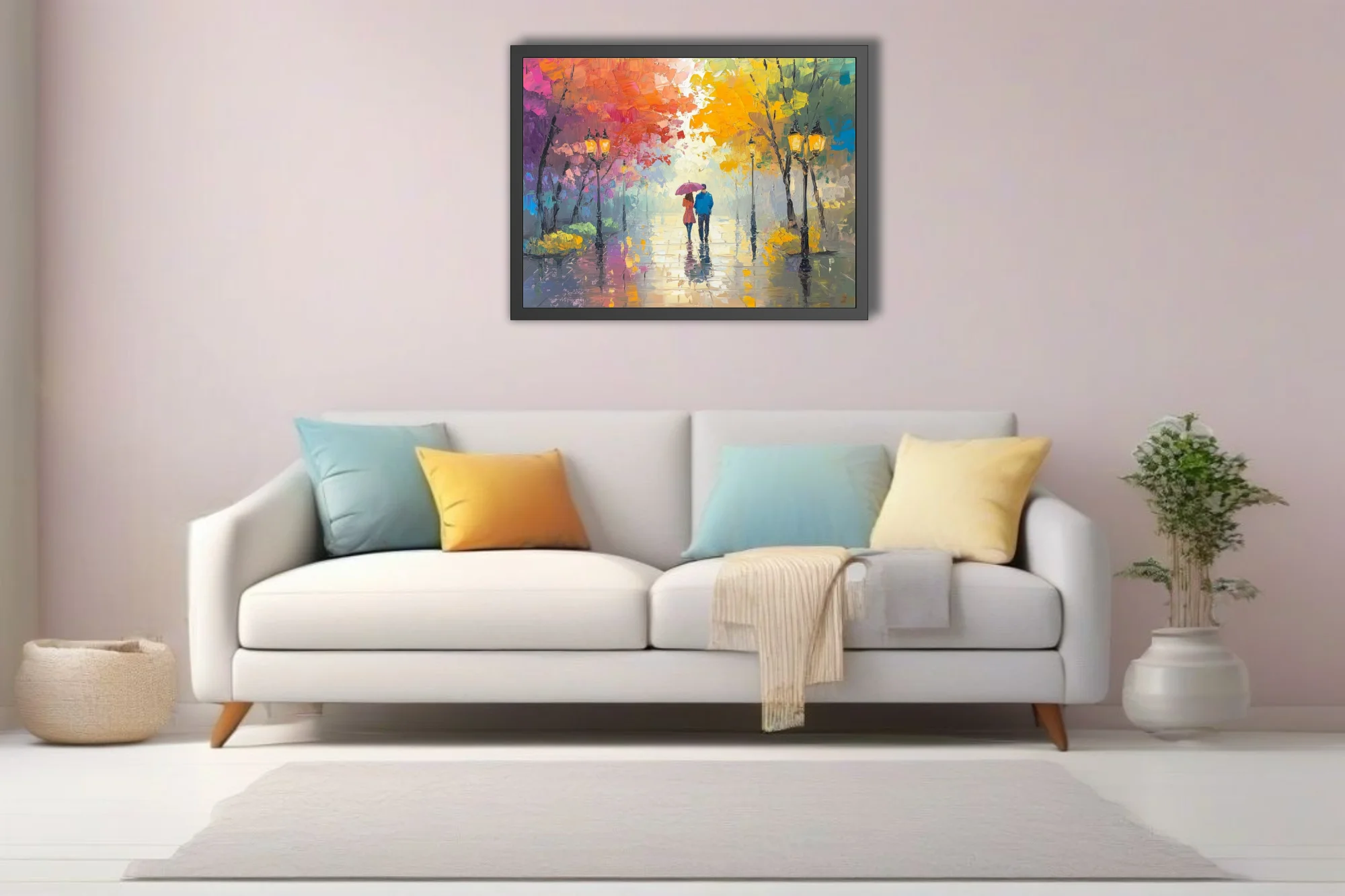 Park scene with couple under umbrella, vivid autumn trees and glowing lamps on rainy path