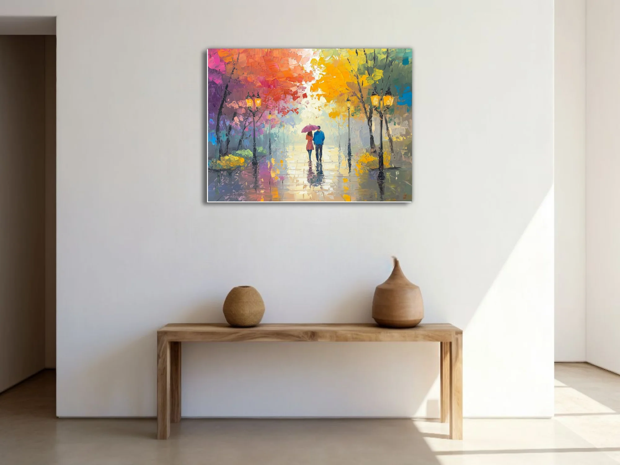 Park scene with couple under umbrella, vivid autumn trees and glowing lamps on rainy path