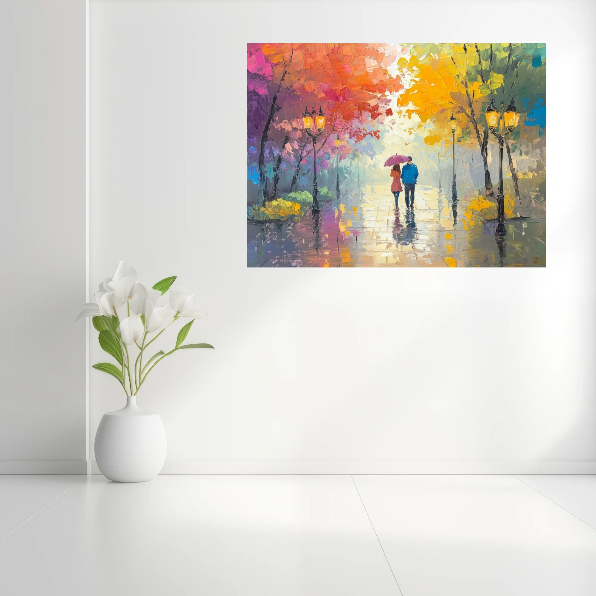 Park scene with couple under umbrella, vivid autumn trees and glowing lamps on rainy path