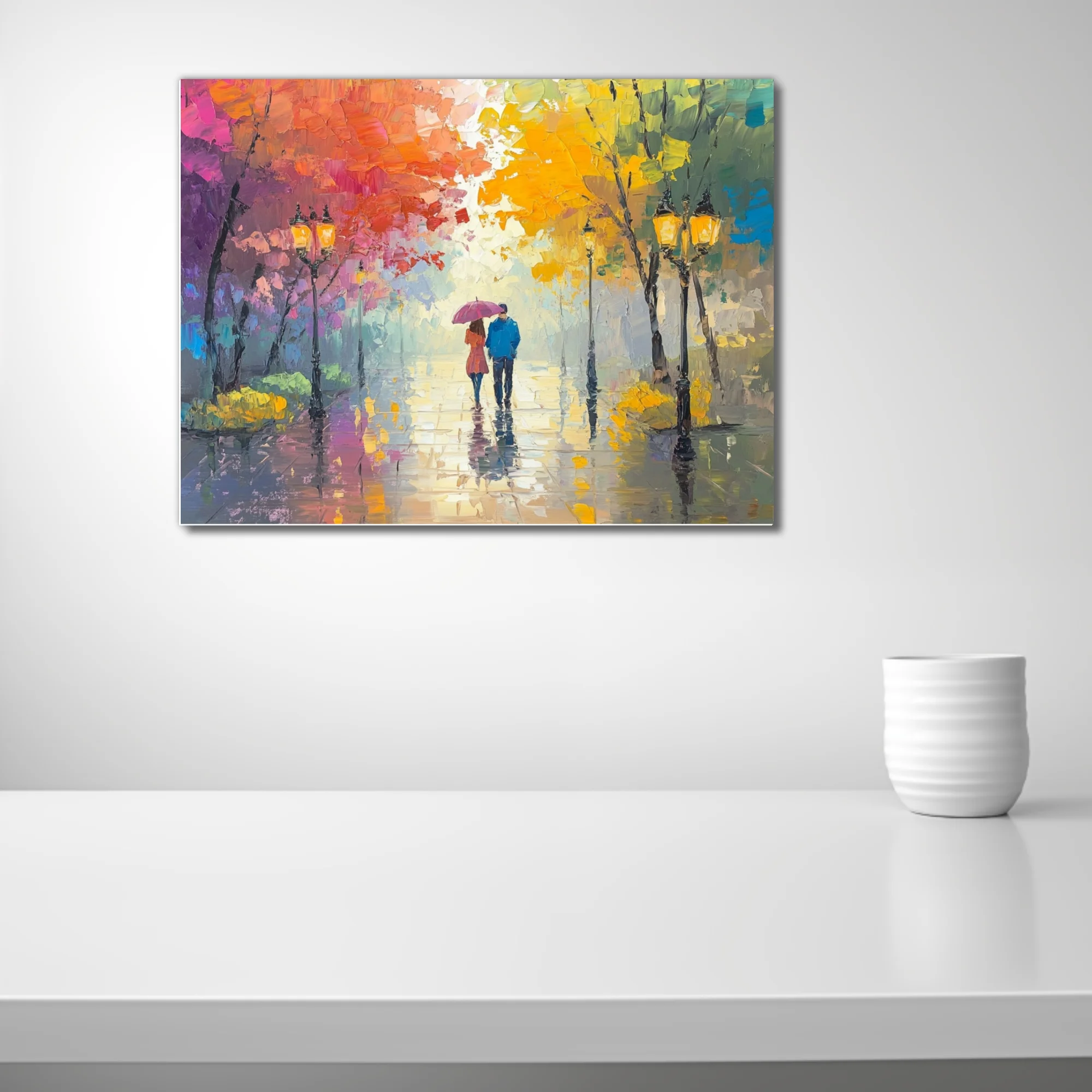 Park scene with couple under umbrella, vivid autumn trees and glowing lamps on rainy path