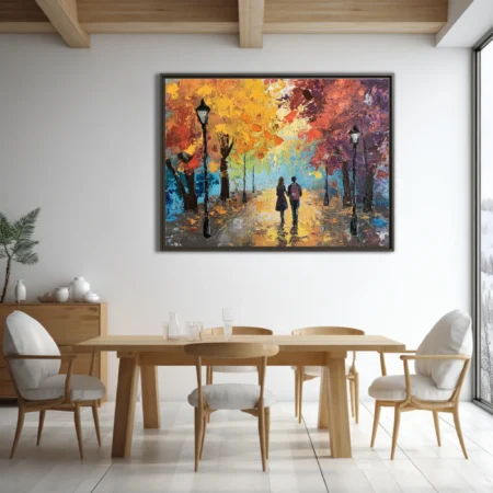 Couple walking through autumn park, landscape in fiery orange, gold, and blue