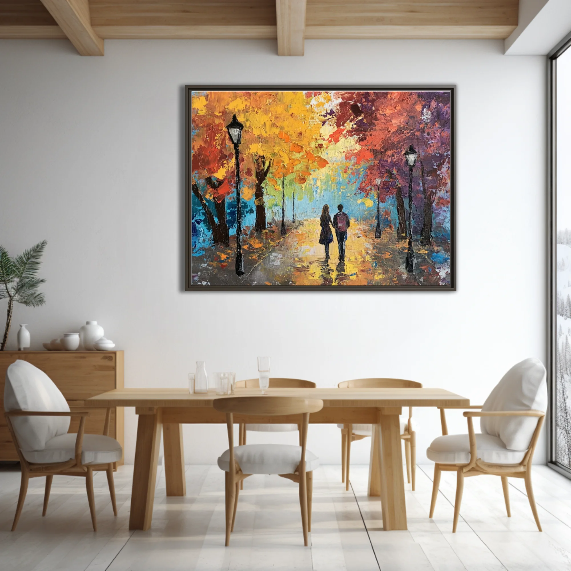 Couple walking through autumn park, landscape in fiery orange, gold, and blue