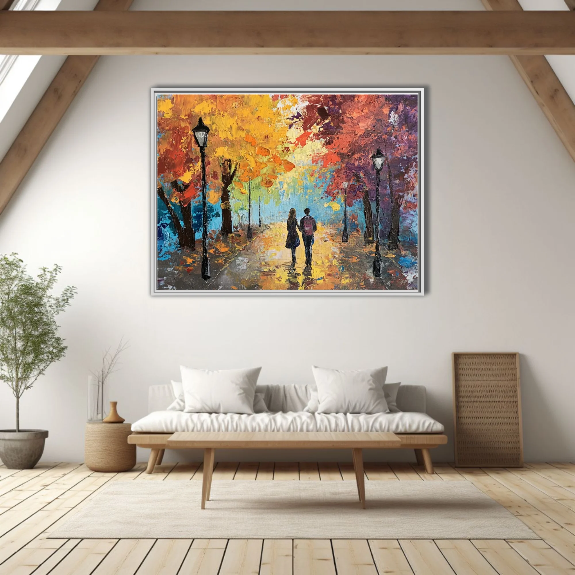 Couple walking through autumn park, landscape in fiery orange, gold, and blue