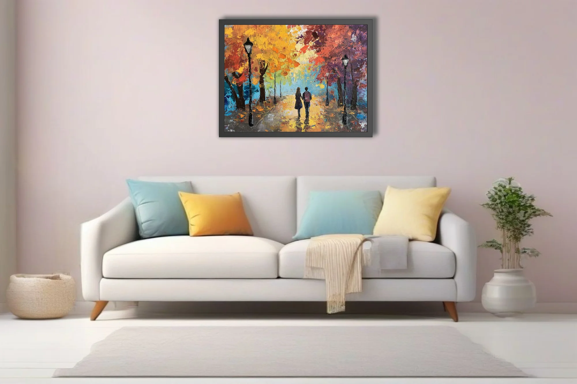 Couple walking through autumn park, landscape in fiery orange, gold, and blue