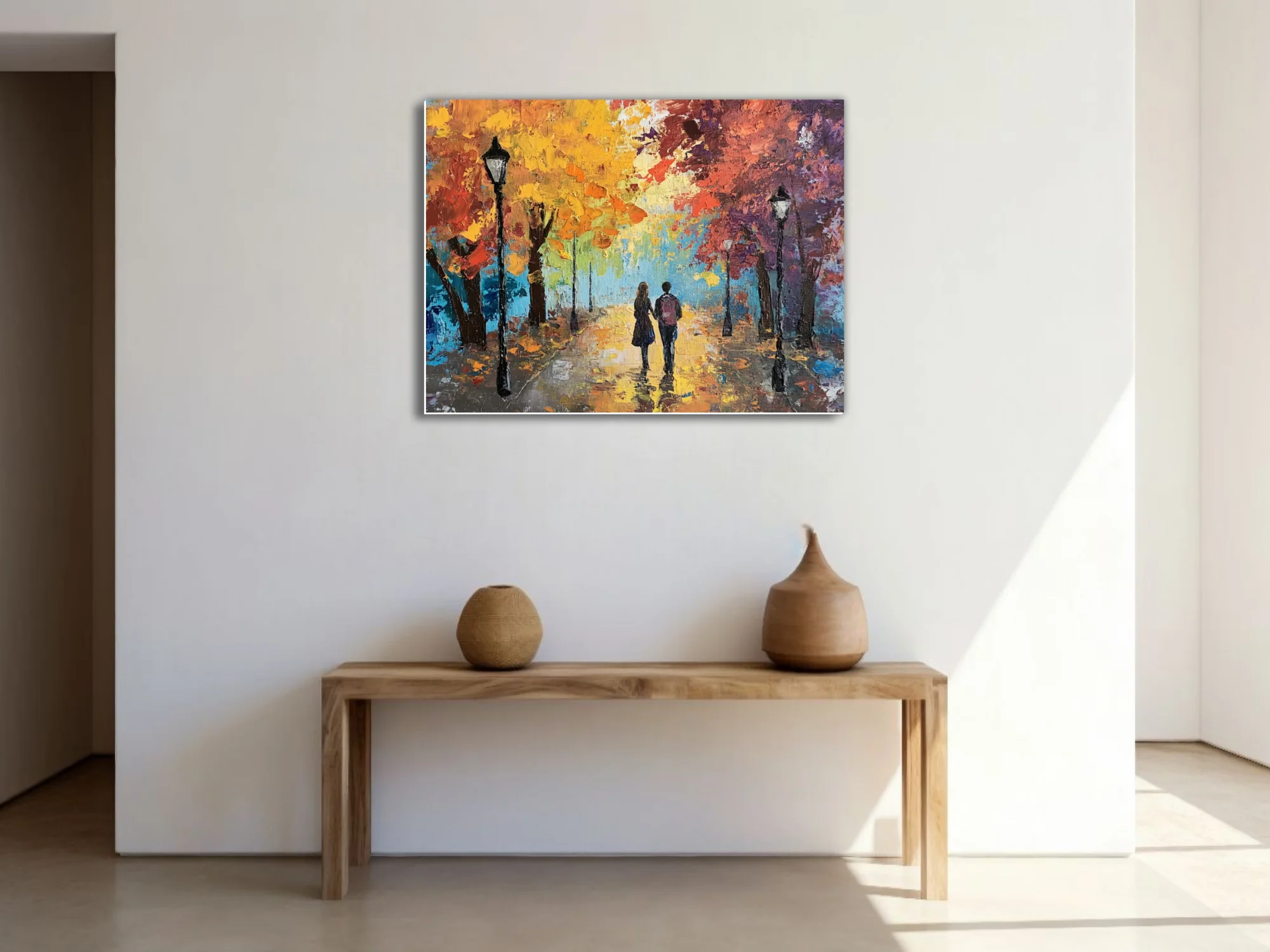 Couple walking through autumn park, landscape in fiery orange, gold, and blue