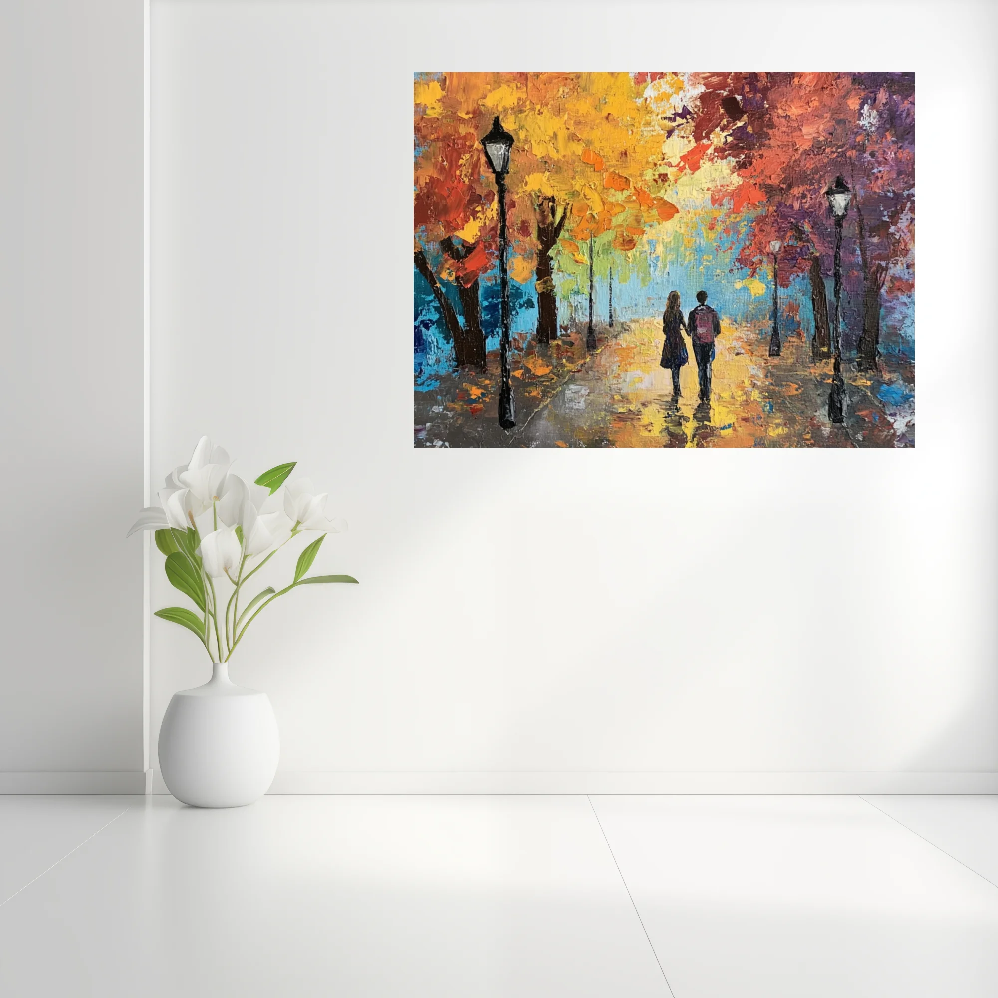 Couple walking through autumn park, landscape in fiery orange, gold, and blue