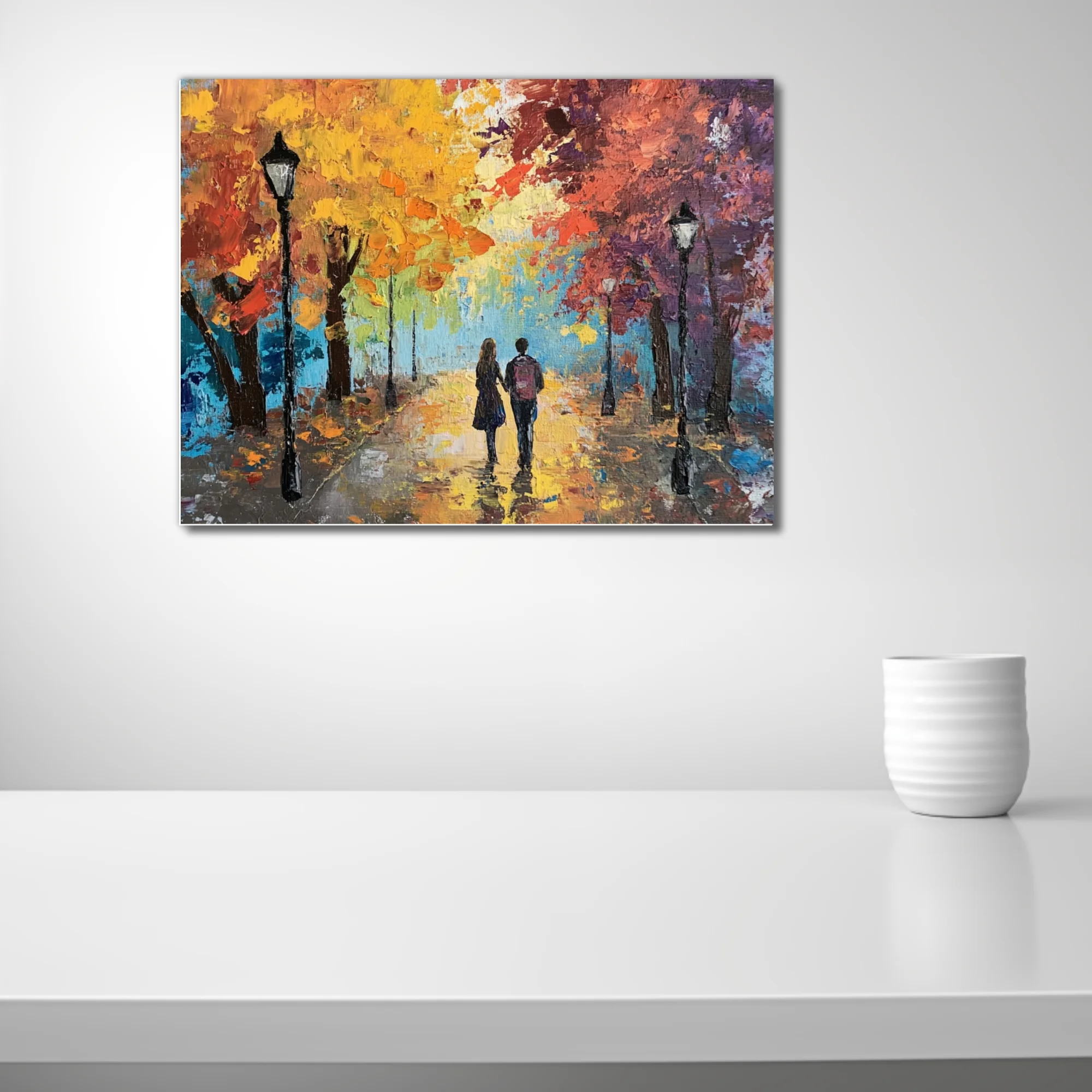 Couple walking through autumn park, landscape in fiery orange, gold, and blue