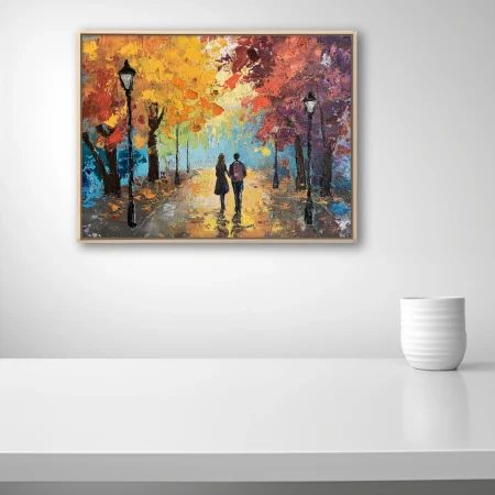 Couple walking through autumn park, landscape in fiery orange, gold, and blue