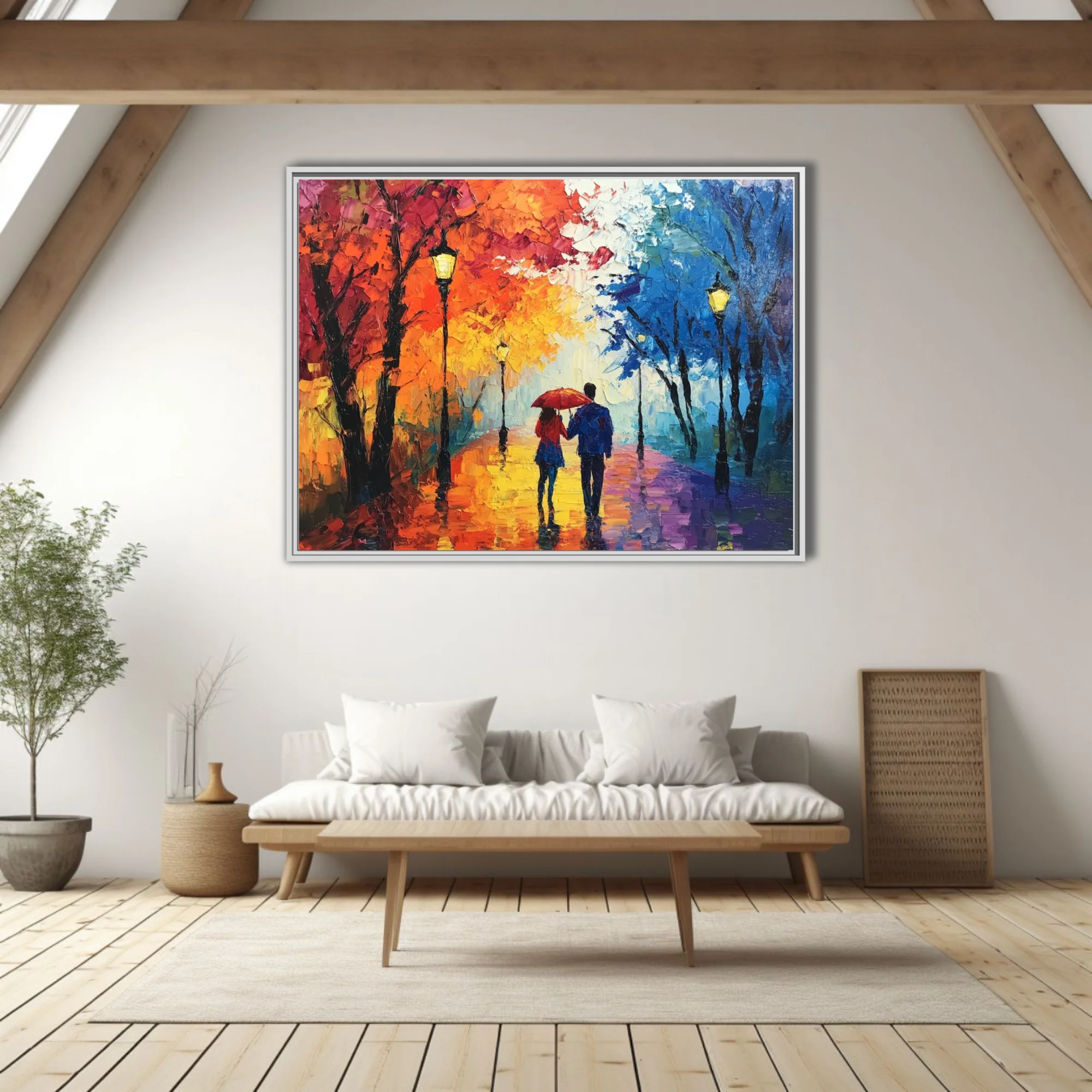 Colorful couple with red umbrella walking a lamplit autumn avenue in the rain