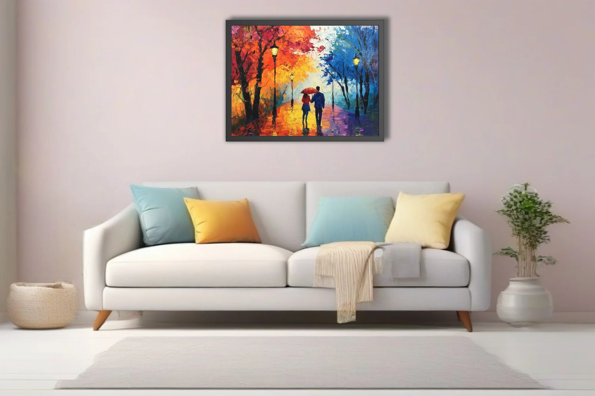 Colorful couple with red umbrella walking a lamplit autumn avenue in the rain