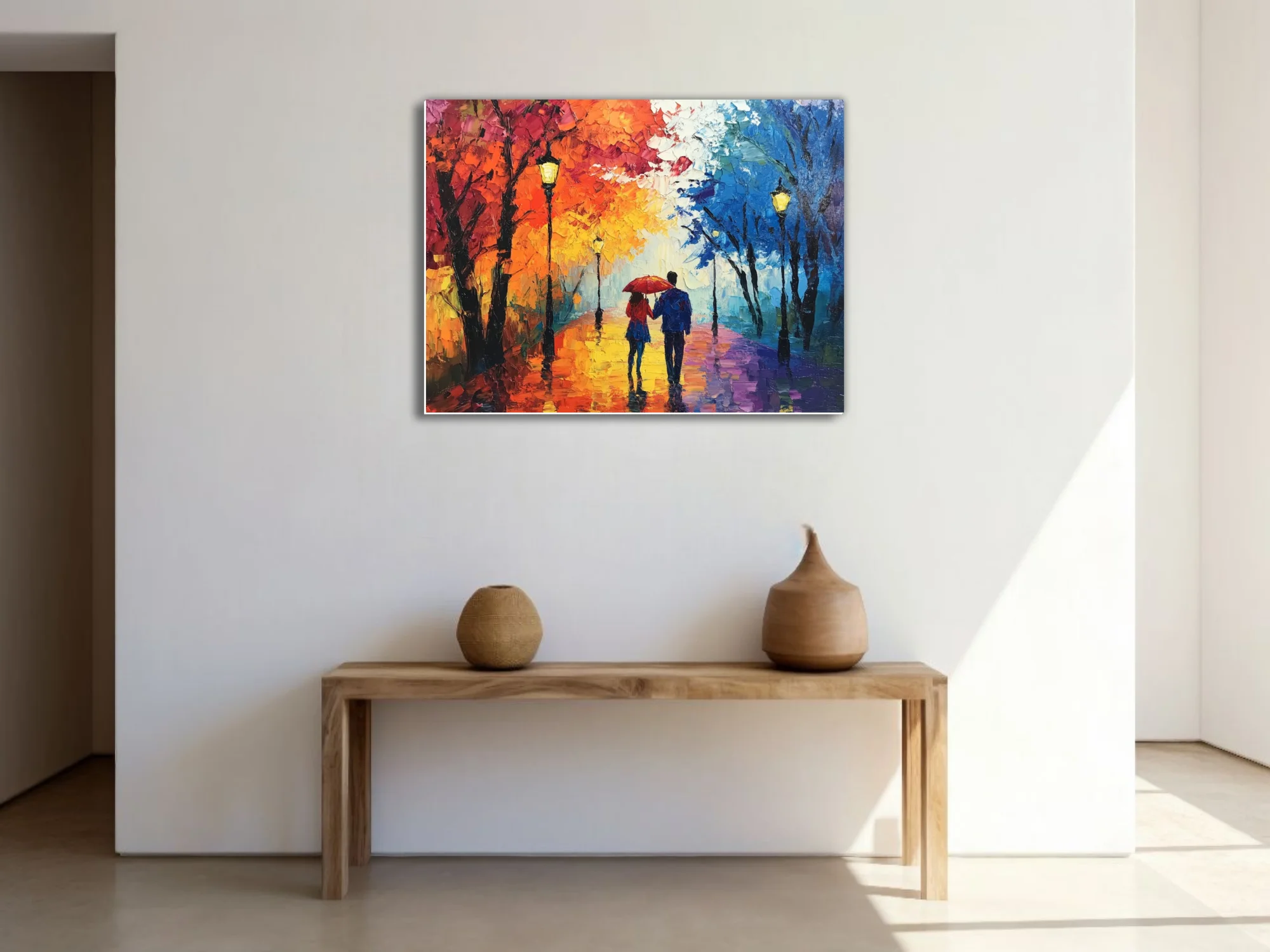 Colorful couple with red umbrella walking a lamplit autumn avenue in the rain