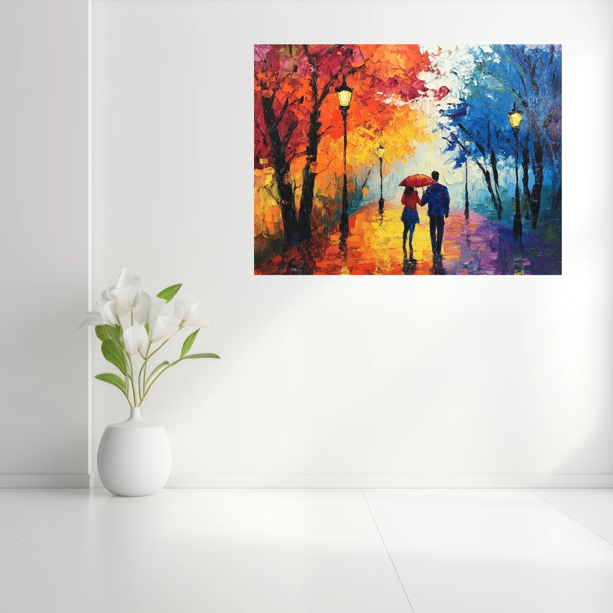Colorful couple with red umbrella walking a lamplit autumn avenue in the rain