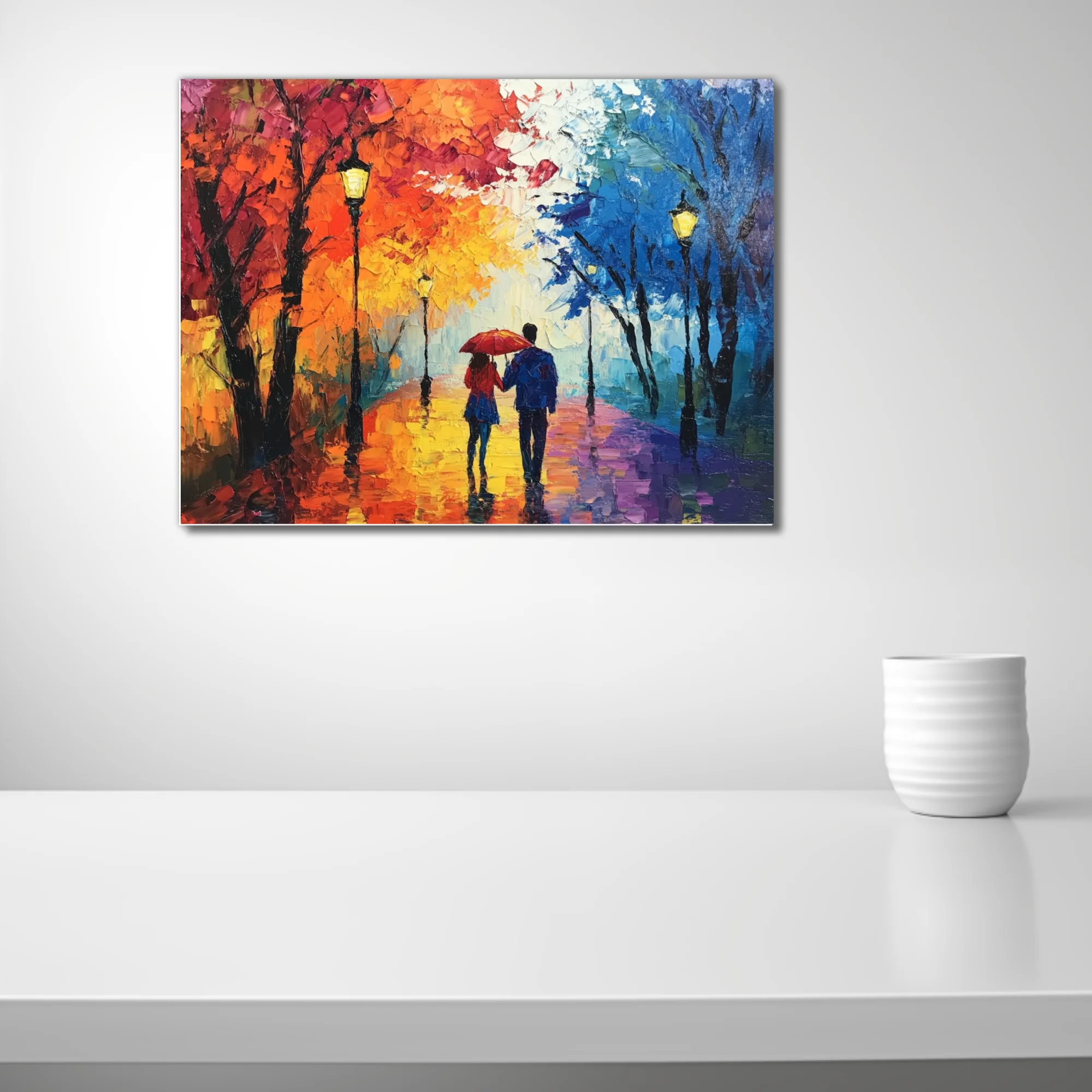 Colorful couple with red umbrella walking a lamplit autumn avenue in the rain
