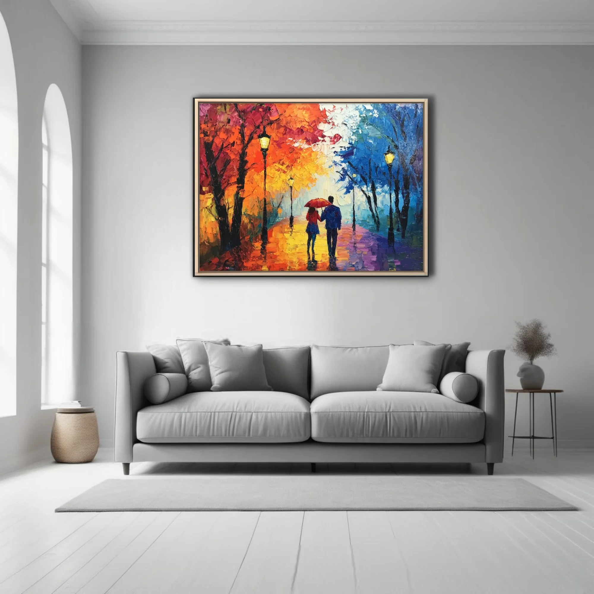 Colorful couple with red umbrella walking a lamplit autumn avenue in the rain