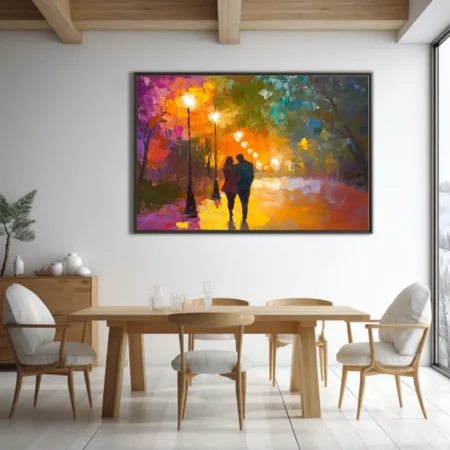Couple on lamplit path in vivid landscape with magenta, orange and emerald tones